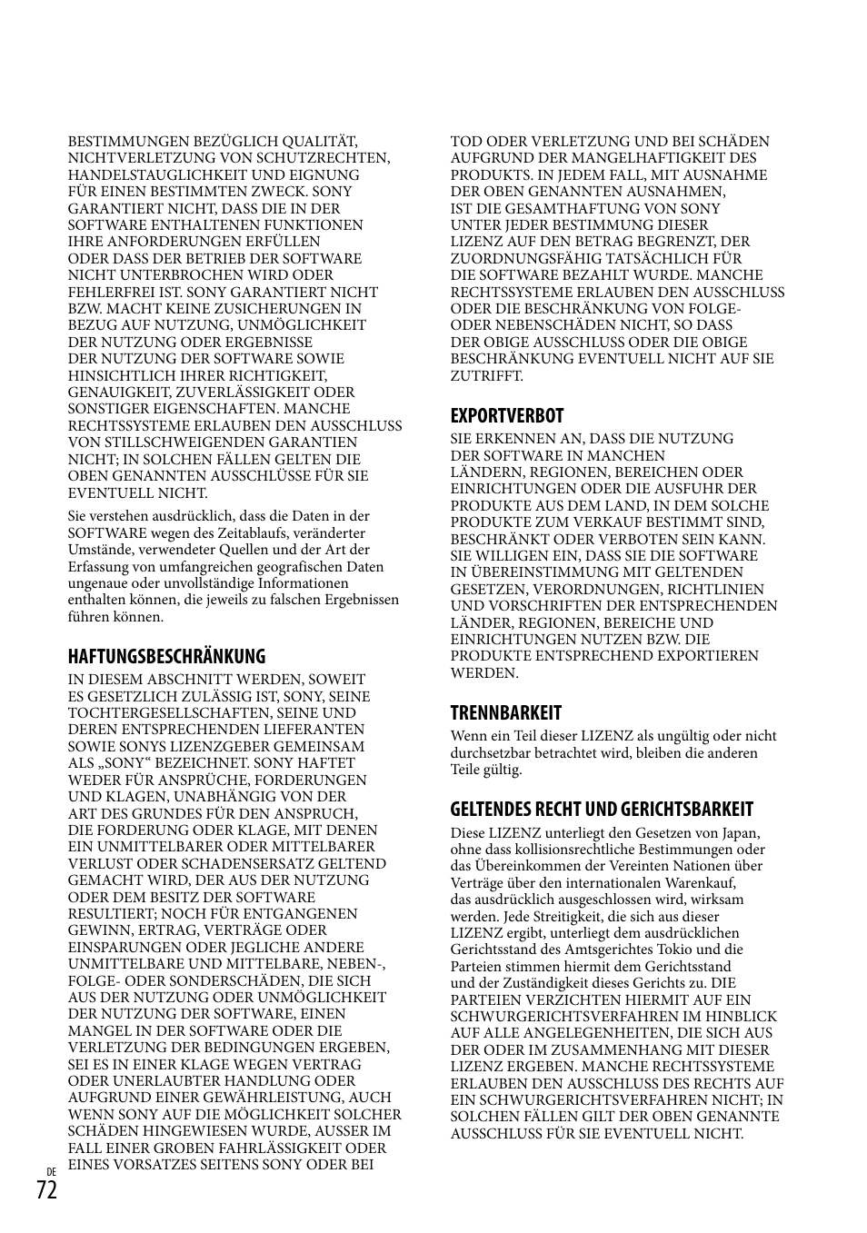 Haftungsbeschränkung, Exportverbot, Trennbarkeit | Geltendes recht und gerichtsbarkeit | Sony HDR-PJ780VE User Manual | Page 146 / 371