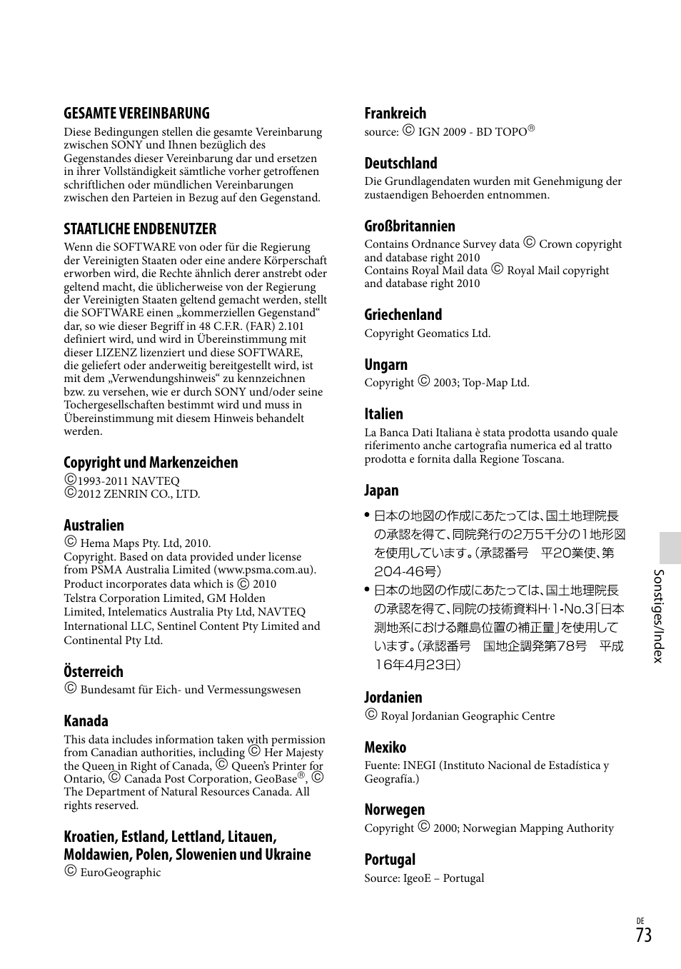 Gesamte vereinbarung, Staatliche endbenutzer, Copyright und markenzeichen | Australien, Österreich, Kanada, Frankreich, Deutschland, Großbritannien, Griechenland | Sony HDR-PJ780VE User Manual | Page 147 / 371