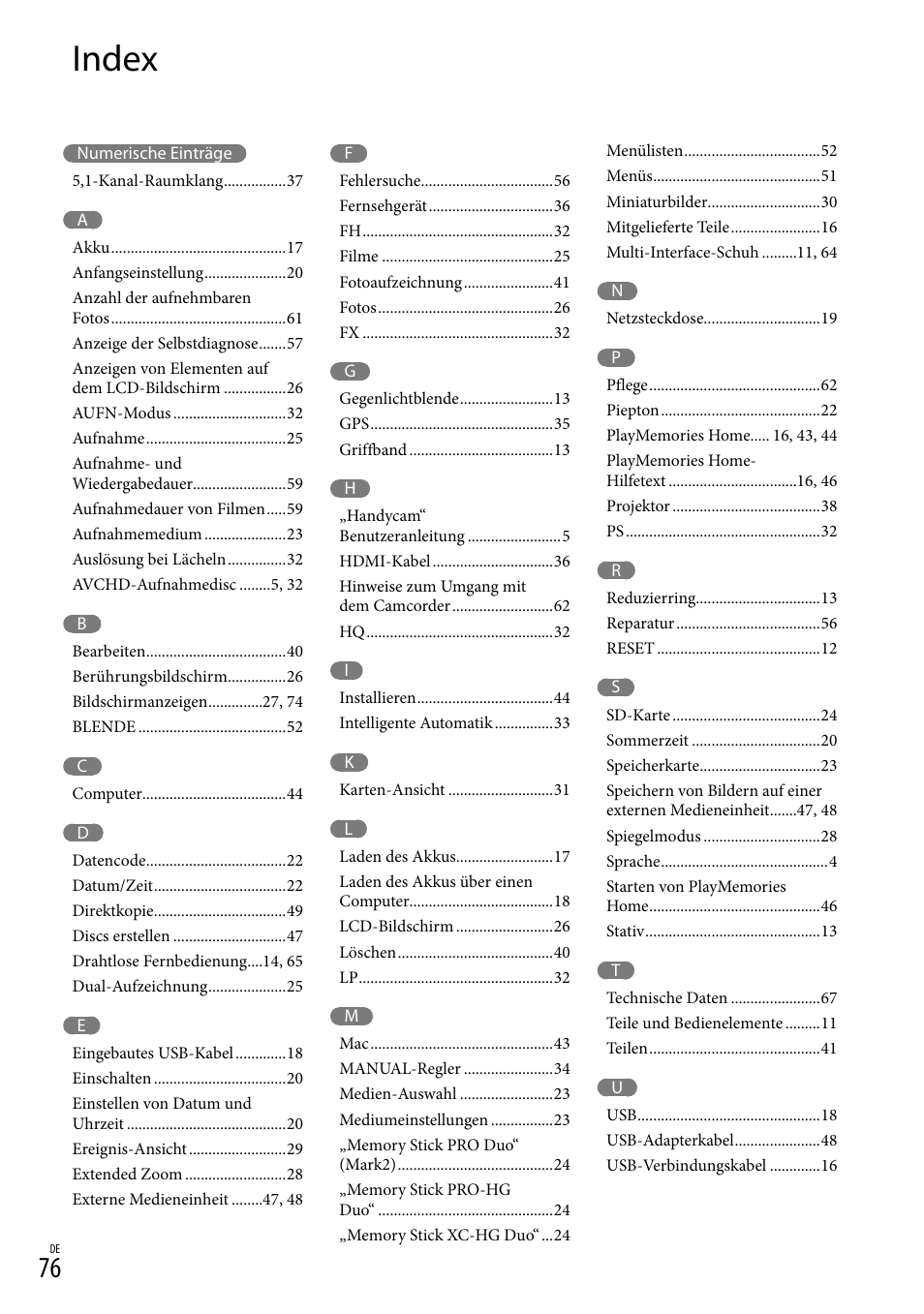 Index | Sony HDR-PJ780VE User Manual | Page 150 / 371