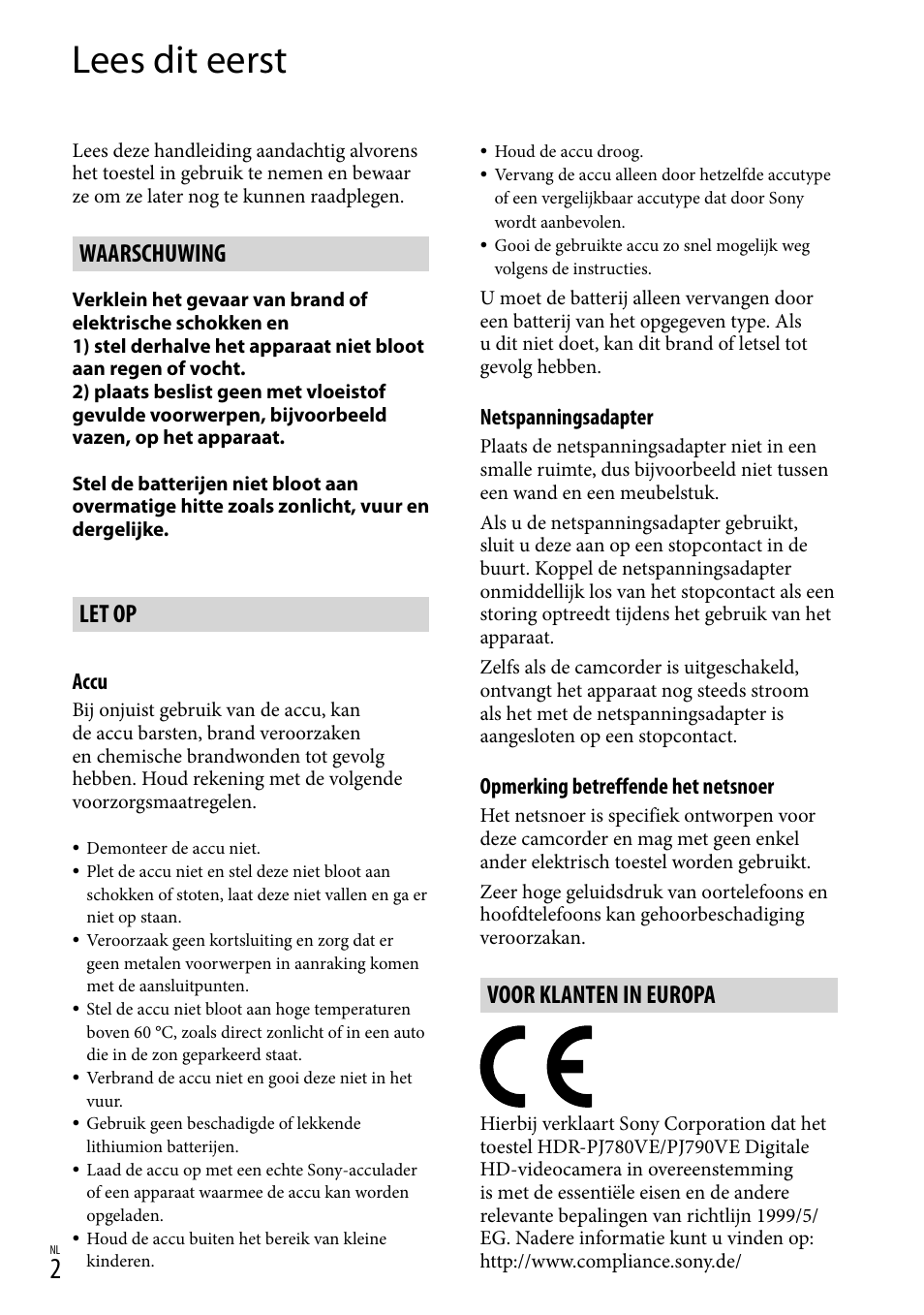 Lees dit eerst, Waarschuwing, Let op | Voor klanten in europa | Sony HDR-PJ780VE User Manual | Page 152 / 371