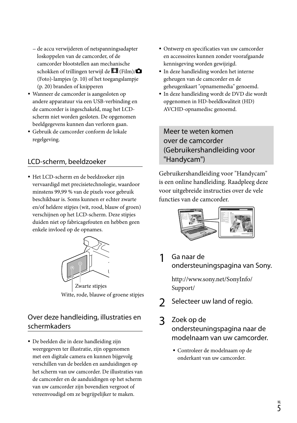 Lcd-scherm, beeldzoeker, Ga naar de ondersteuningspagina van sony, Selecteer uw land of regio | Sony HDR-PJ780VE User Manual | Page 155 / 371