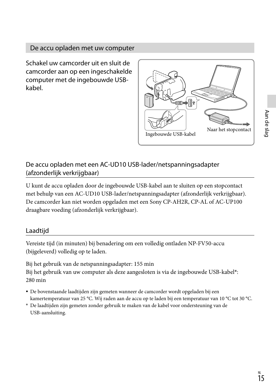 De accu opladen met uw computer, Abel (15) | Sony HDR-PJ780VE User Manual | Page 165 / 371