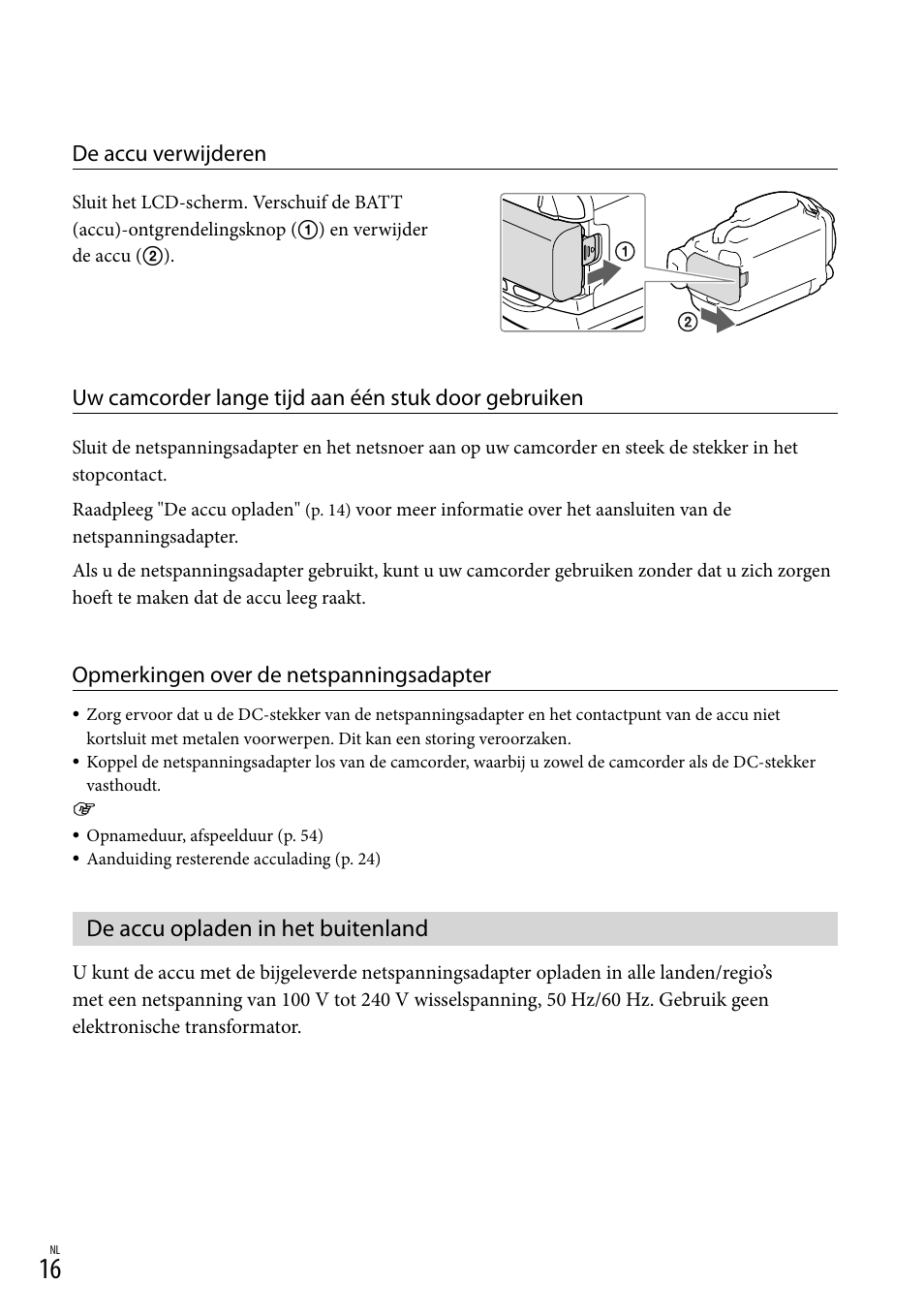 De accu opladen in het buitenland, De accu verwijderen, Opmerkingen over de netspanningsadapter | Sony HDR-PJ780VE User Manual | Page 166 / 371