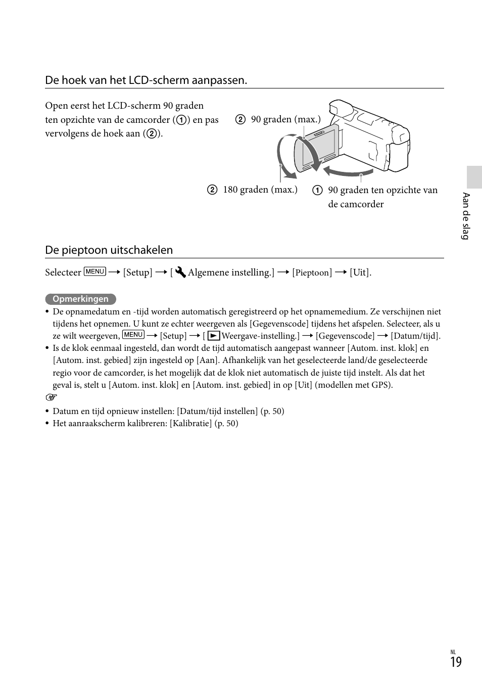 De hoek van het lcd-scherm aanpassen, De pieptoon uitschakelen | Sony HDR-PJ780VE User Manual | Page 169 / 371