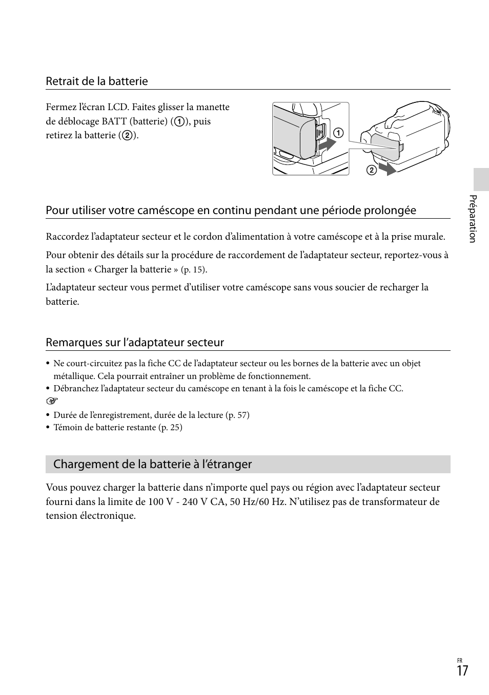 Chargement de la batterie à l’étranger, Retrait de la batterie, Remarques sur l’adaptateur secteur | Sony HDR-PJ780VE User Manual | Page 17 / 371