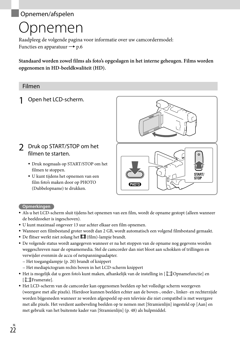 Opnemen/afspelen, Opnemen, Filmen | Nop (22) | Sony HDR-PJ780VE User Manual | Page 172 / 371