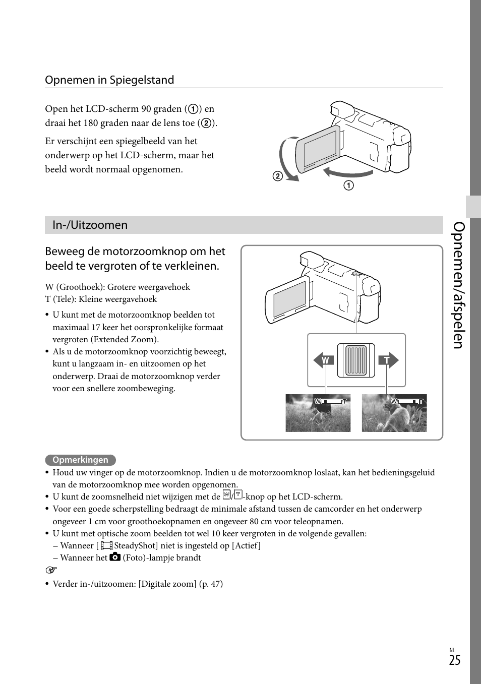 In-/uitzoomen, Nop (25), Opnemen/af spelen | Opnemen in spiegelstand | Sony HDR-PJ780VE User Manual | Page 175 / 371