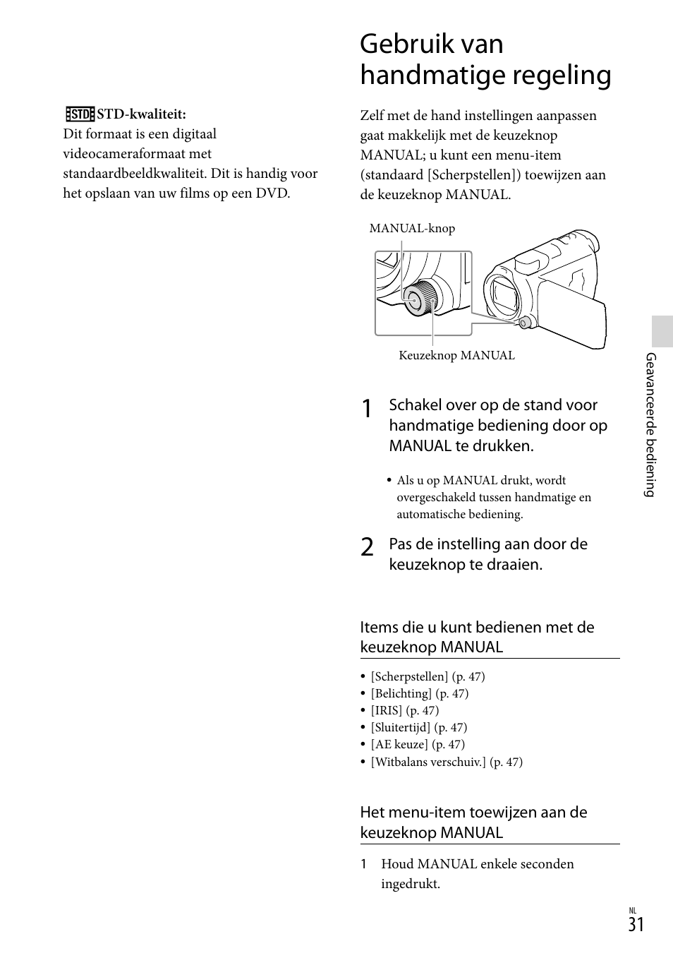 Gebruik van handmatige regeling, Nop (31), Al (31) | Sony HDR-PJ780VE User Manual | Page 181 / 371