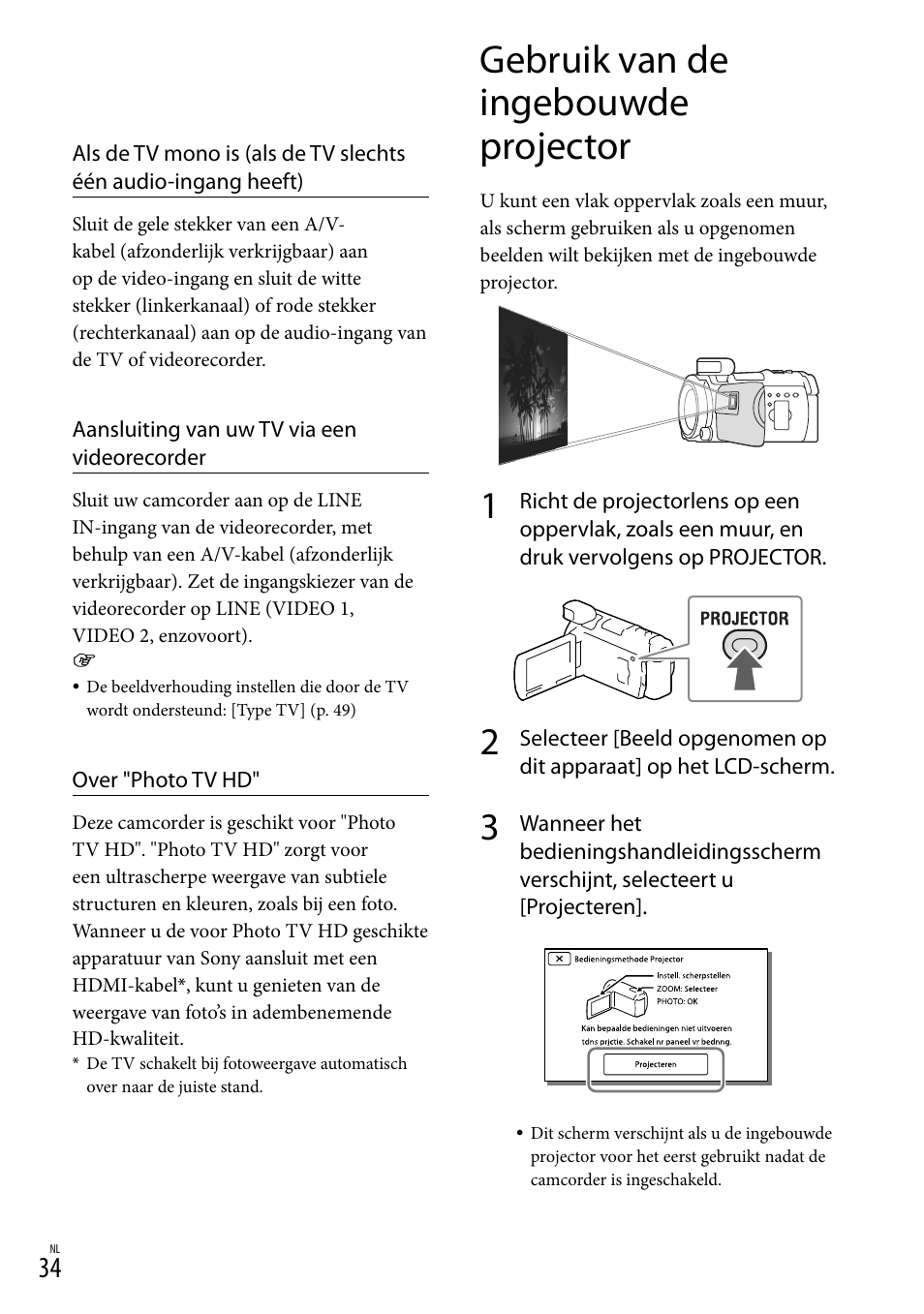 Gebruik van de ingebouwde projector, Nop (34), Lens (34) | Sony HDR-PJ780VE User Manual | Page 184 / 371