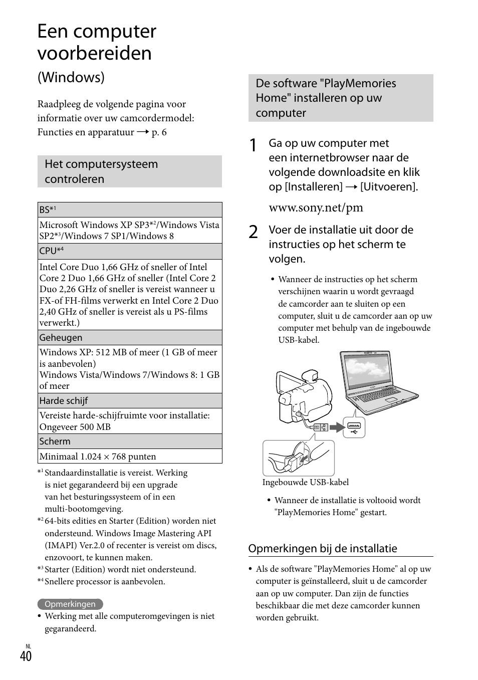 Een computer voorbereiden (windows), Het computersysteem controleren, Een computer voorbereiden | Windows), Uitvoeren, Opmerkingen bij de installatie | Sony HDR-PJ780VE User Manual | Page 190 / 371