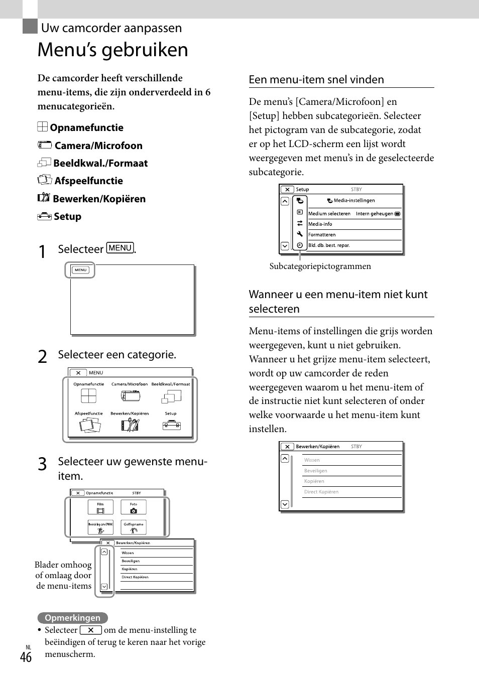 Uw camcorder aanpassen, Menu’s gebruiken, P (46) | Sony HDR-PJ780VE User Manual | Page 196 / 371