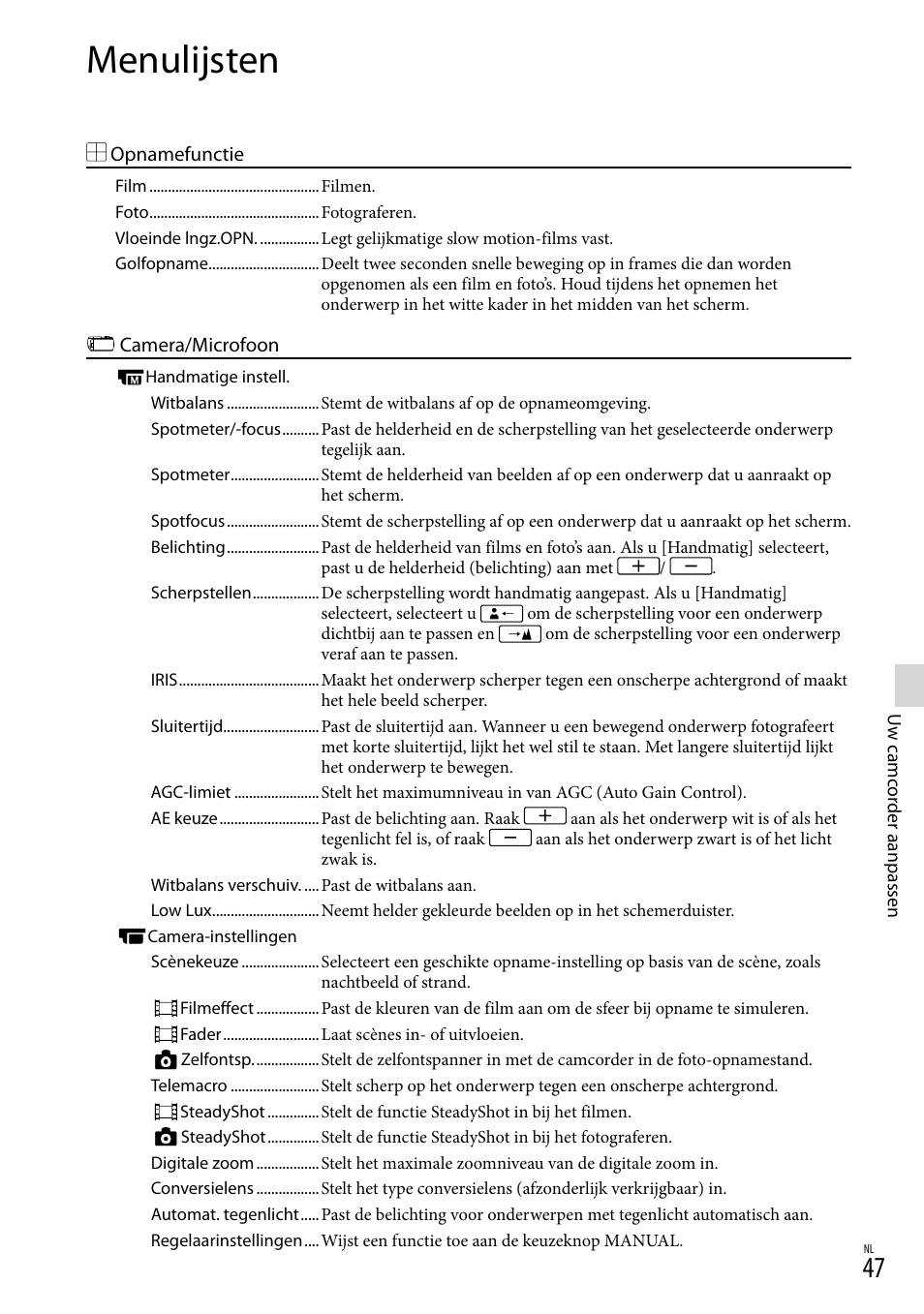 Menulijsten | Sony HDR-PJ780VE User Manual | Page 197 / 371