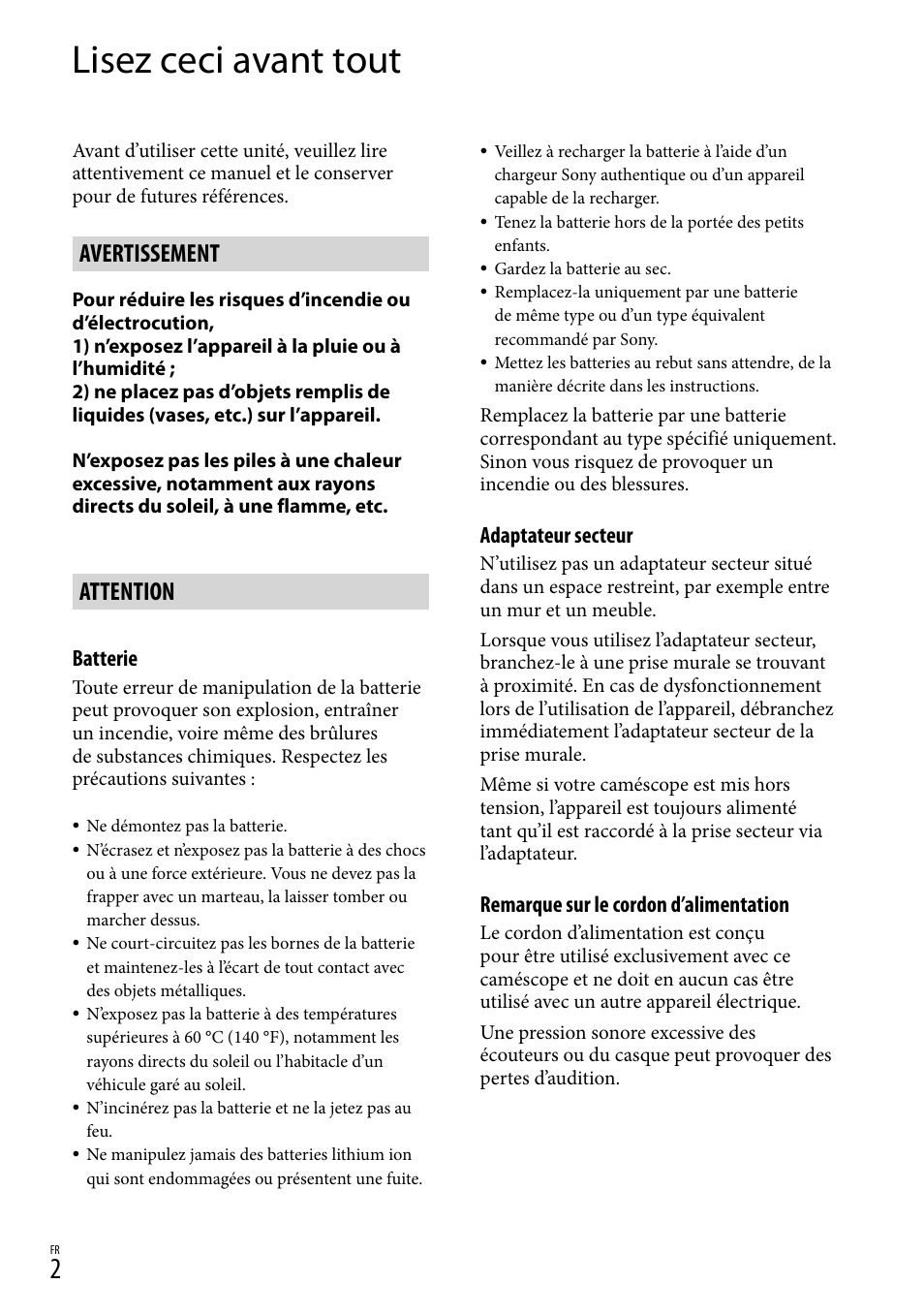 Lisez ceci avant tout, Avertissement, Attention | Sony HDR-PJ780VE User Manual | Page 2 / 371