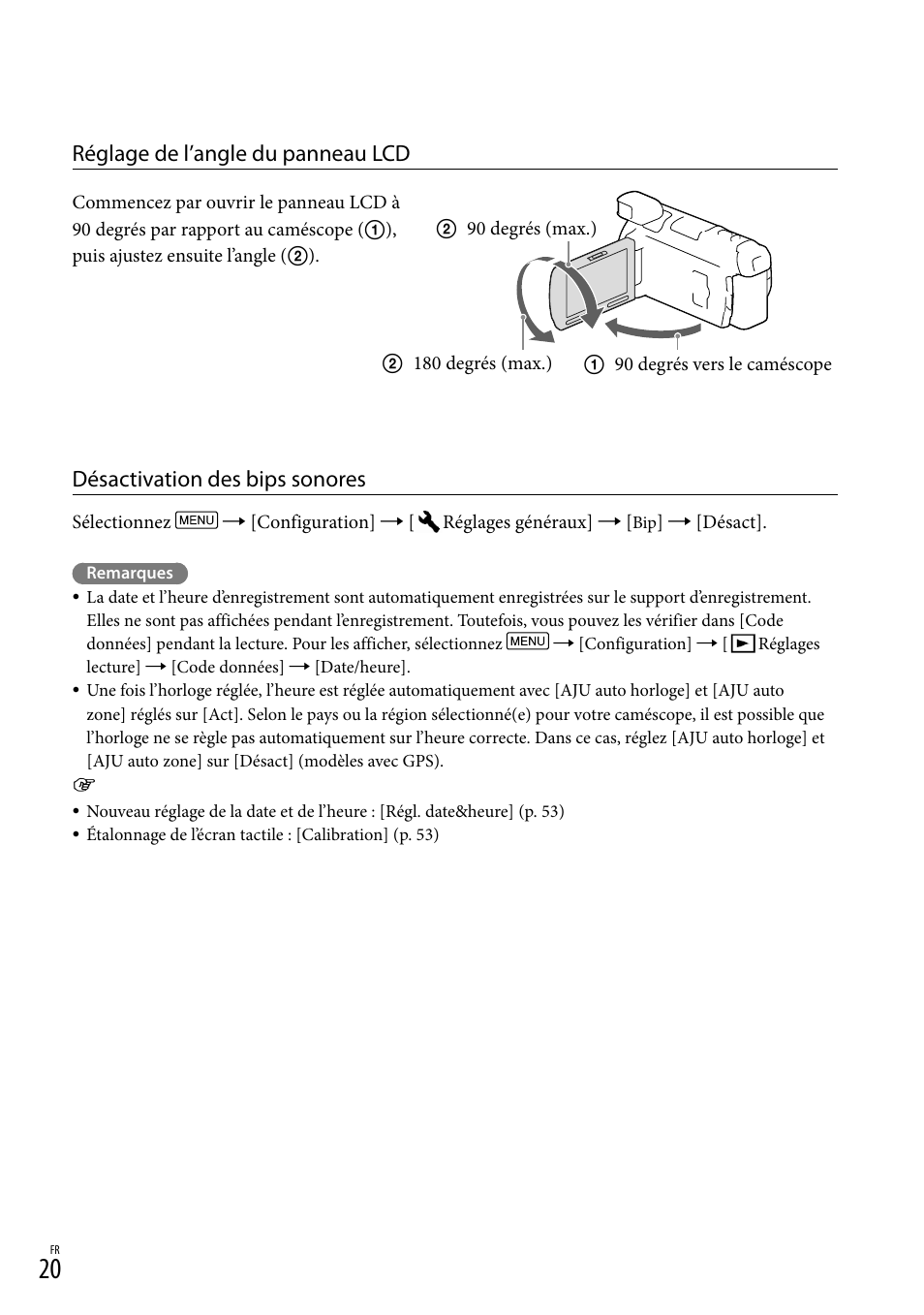 Réglage de l’angle du panneau lcd, Désactivation des bips sonores | Sony HDR-PJ780VE User Manual | Page 20 / 371