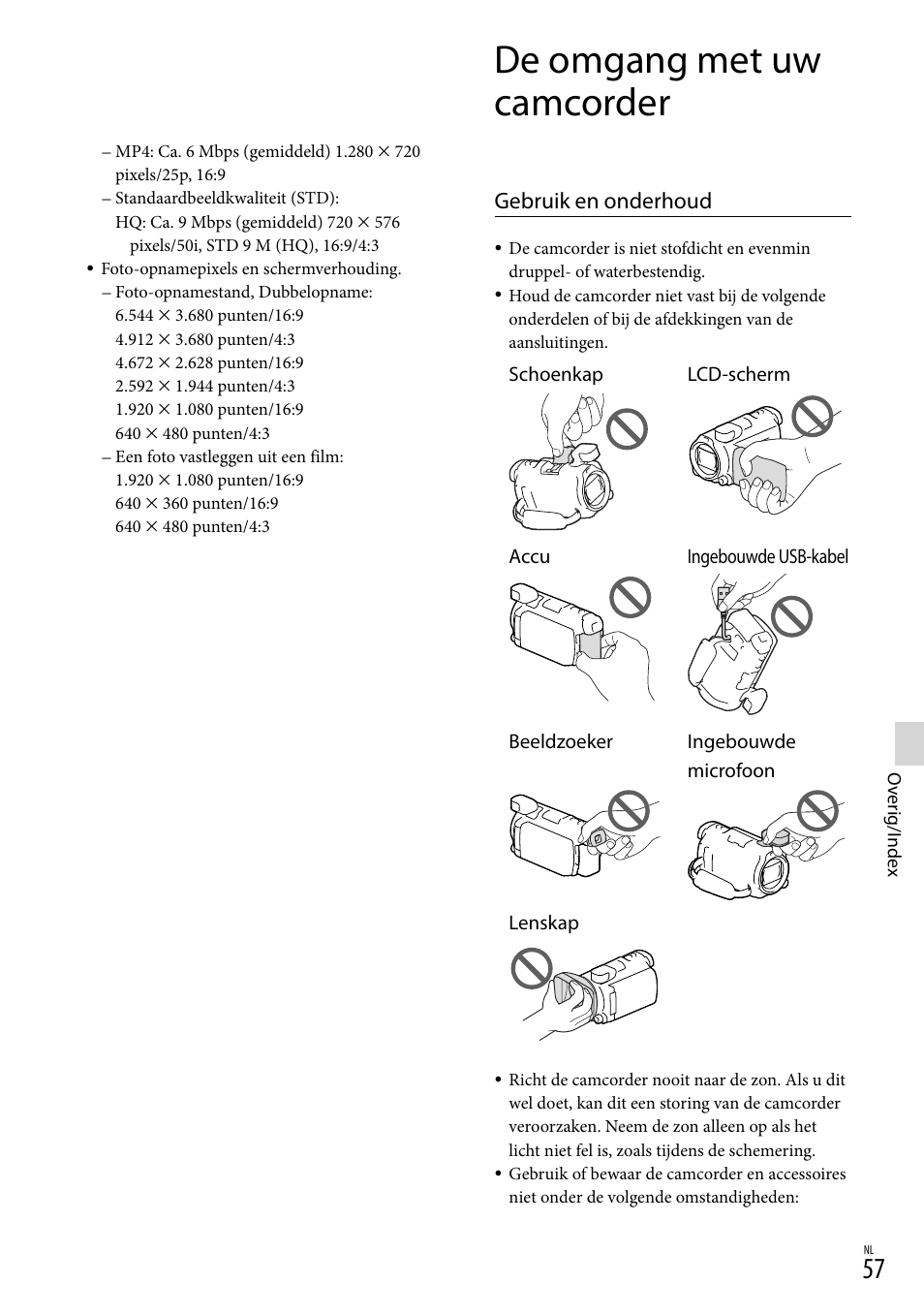 De omgang met uw camcorder, Gebruik en onderhoud | Sony HDR-PJ780VE User Manual | Page 207 / 371