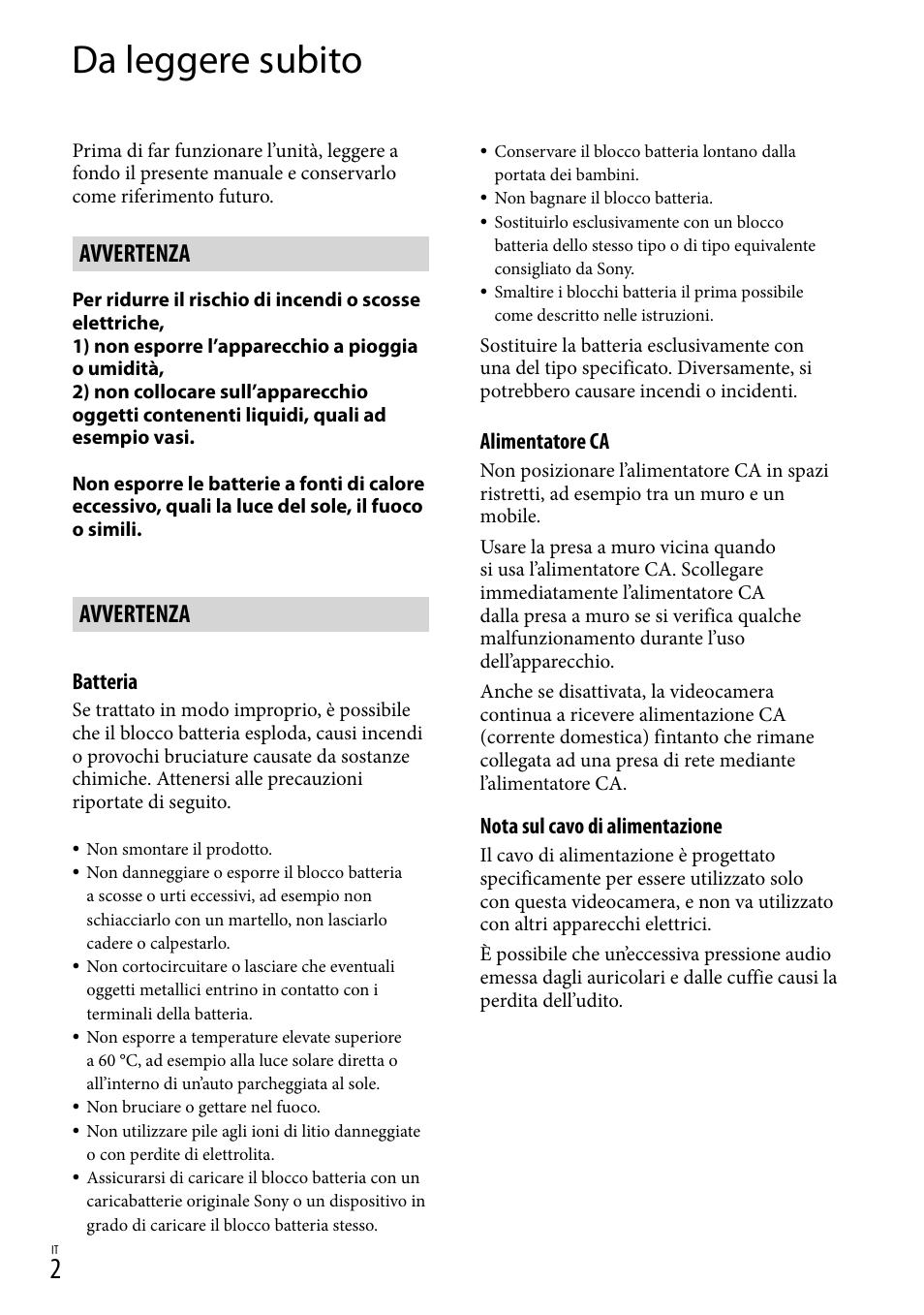 Da leggere subito, Avvertenza | Sony HDR-PJ780VE User Manual | Page 224 / 371