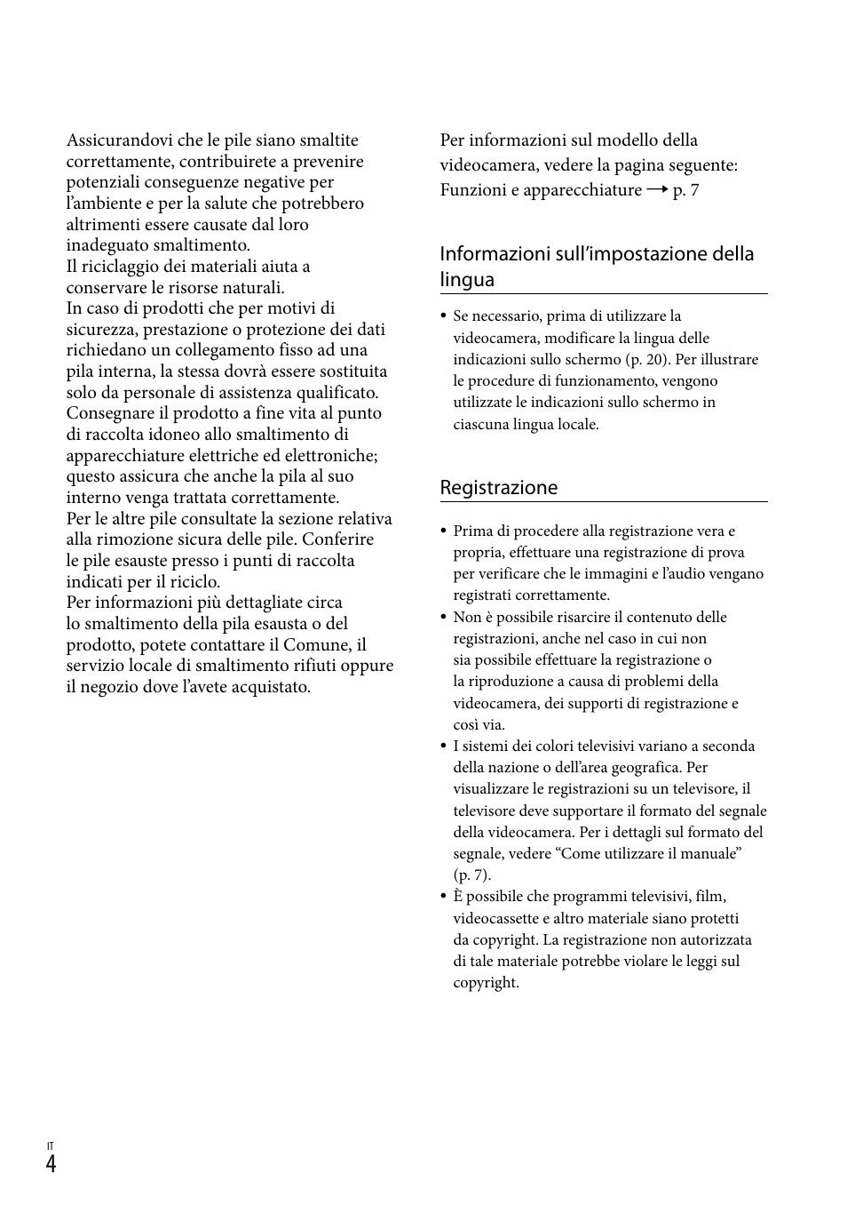 Informazioni sull’impostazione della lingua, Registrazione | Sony HDR-PJ780VE User Manual | Page 226 / 371