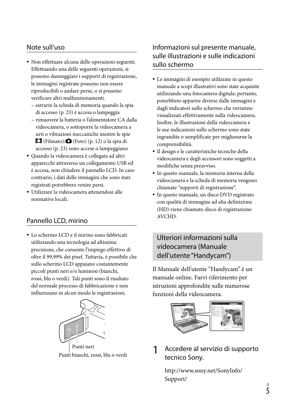 Pannello lcd, mirino, Accedere al servizio di supporto tecnico sony | Sony HDR-PJ780VE User Manual | Page 227 / 371