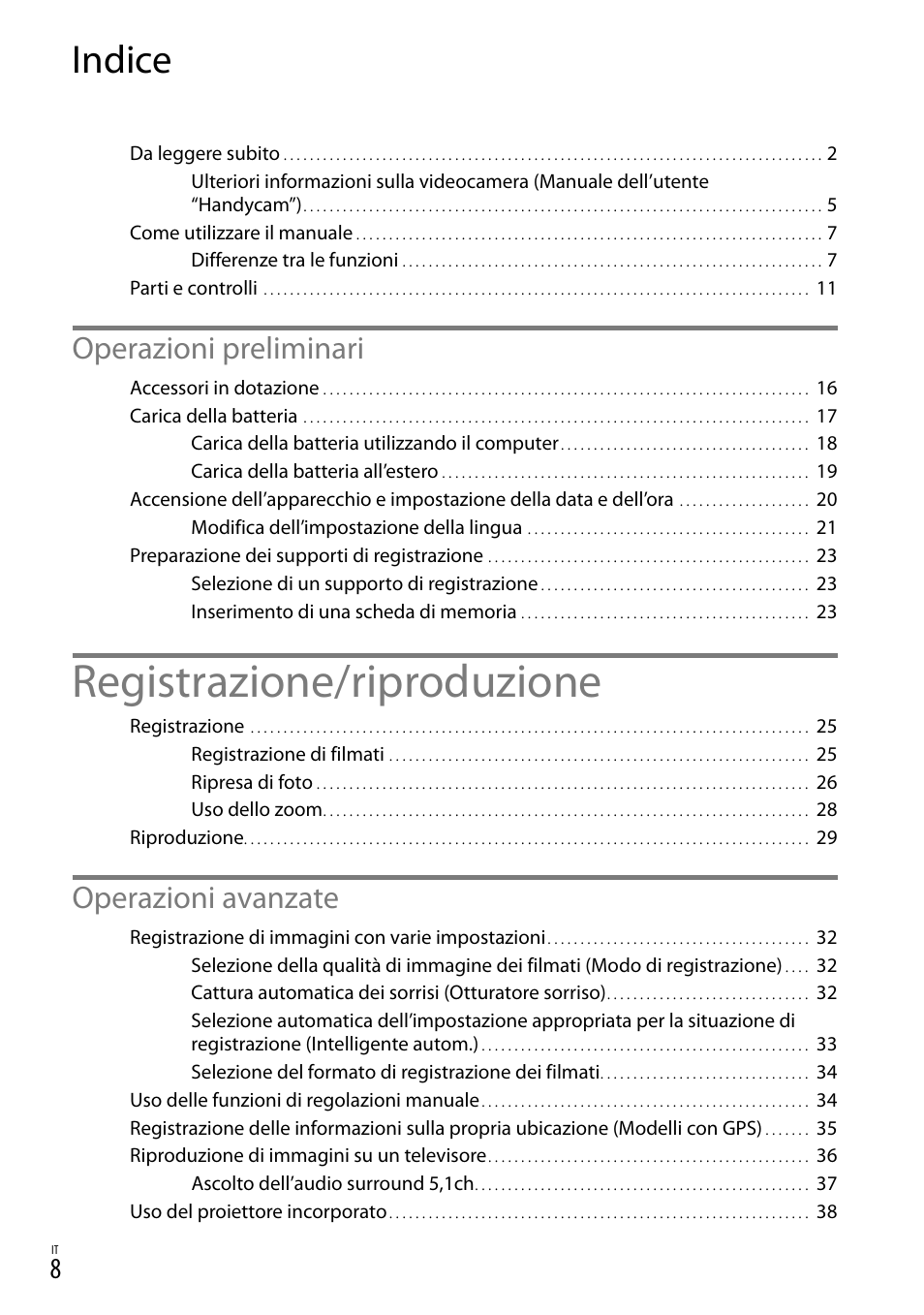 Indice, Registrazione/riproduzione, Operazioni preliminari | Operazioni avanzate | Sony HDR-PJ780VE User Manual | Page 230 / 371