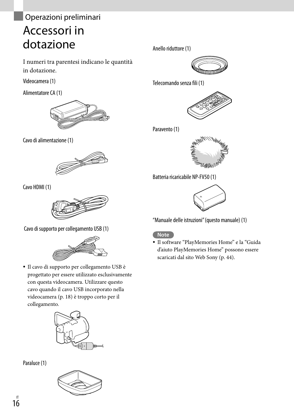 Operazioni preliminari, Accessori in dotazione | Sony HDR-PJ780VE User Manual | Page 238 / 371