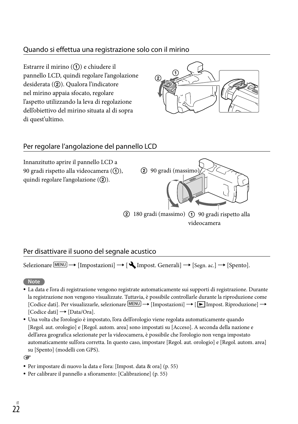 Ino (22), Per regolare l’angolazione del pannello lcd, Per disattivare il suono del segnale acustico | Sony HDR-PJ780VE User Manual | Page 244 / 371