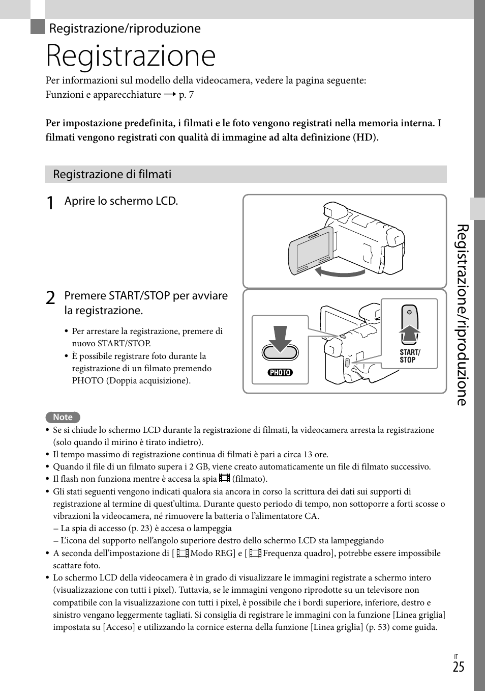 Registrazione/riproduzione, Registrazione, Registrazione di filmati | Op (25), Reg istr azione/r ipr oduzione | Sony HDR-PJ780VE User Manual | Page 247 / 371