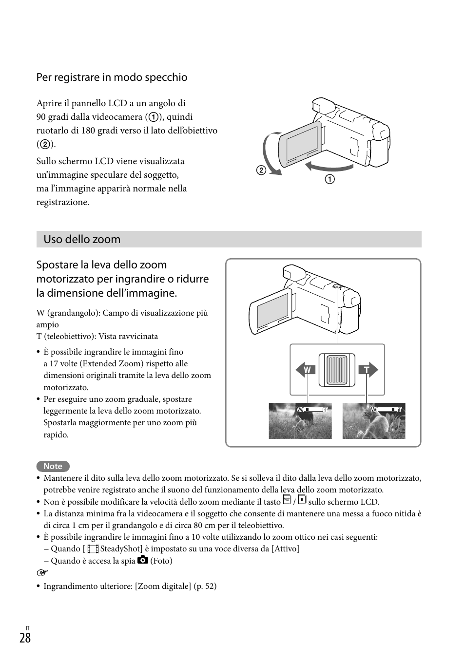 Uso dello zoom, O (28), Per registrare in modo specchio | Sony HDR-PJ780VE User Manual | Page 250 / 371