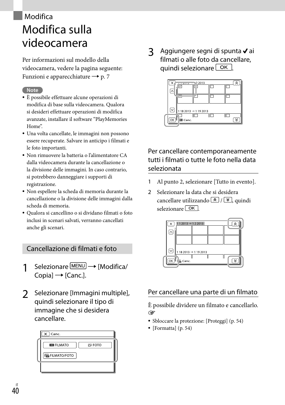 Modifica, Modifica sulla videocamera, Cancellazione di filmati e foto | Sony HDR-PJ780VE User Manual | Page 262 / 371