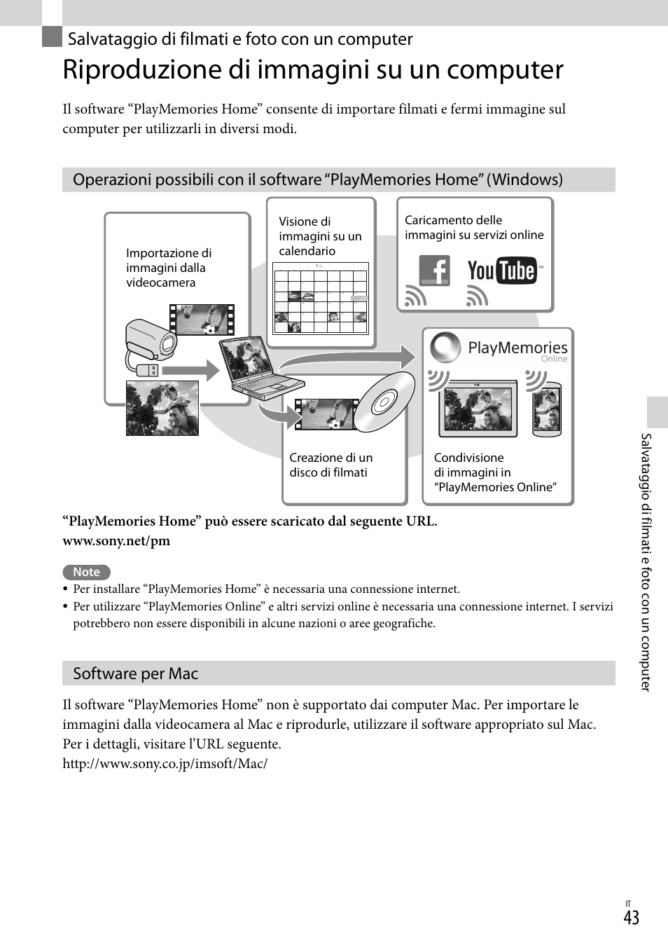 Salvataggio di filmati e foto con un computer, Riproduzione di immagini su un computer, Software per mac | Sony HDR-PJ780VE User Manual | Page 265 / 371