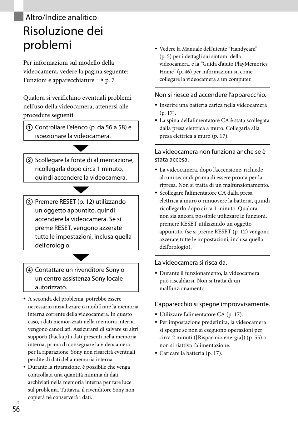Altro/indice analitico, Risoluzione dei problemi | Sony HDR-PJ780VE User Manual | Page 278 / 371