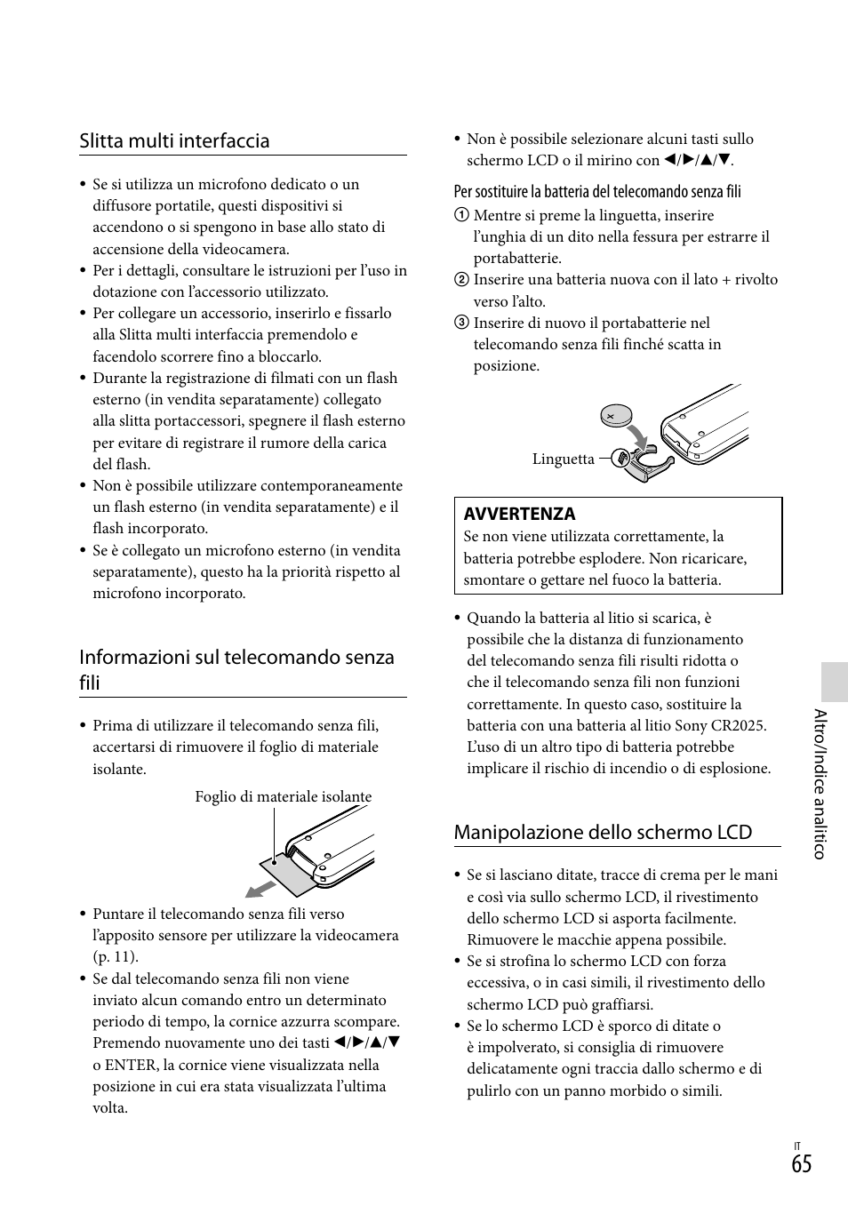 Slitta multi interfaccia, Informazioni sul telecomando senza fili, Manipolazione dello schermo lcd | Sony HDR-PJ780VE User Manual | Page 287 / 371