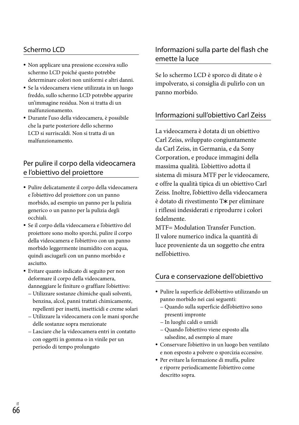 Schermo lcd, Informazioni sull’obiettivo carl zeiss, Cura e conservazione dell’obiettivo | Sony HDR-PJ780VE User Manual | Page 288 / 371