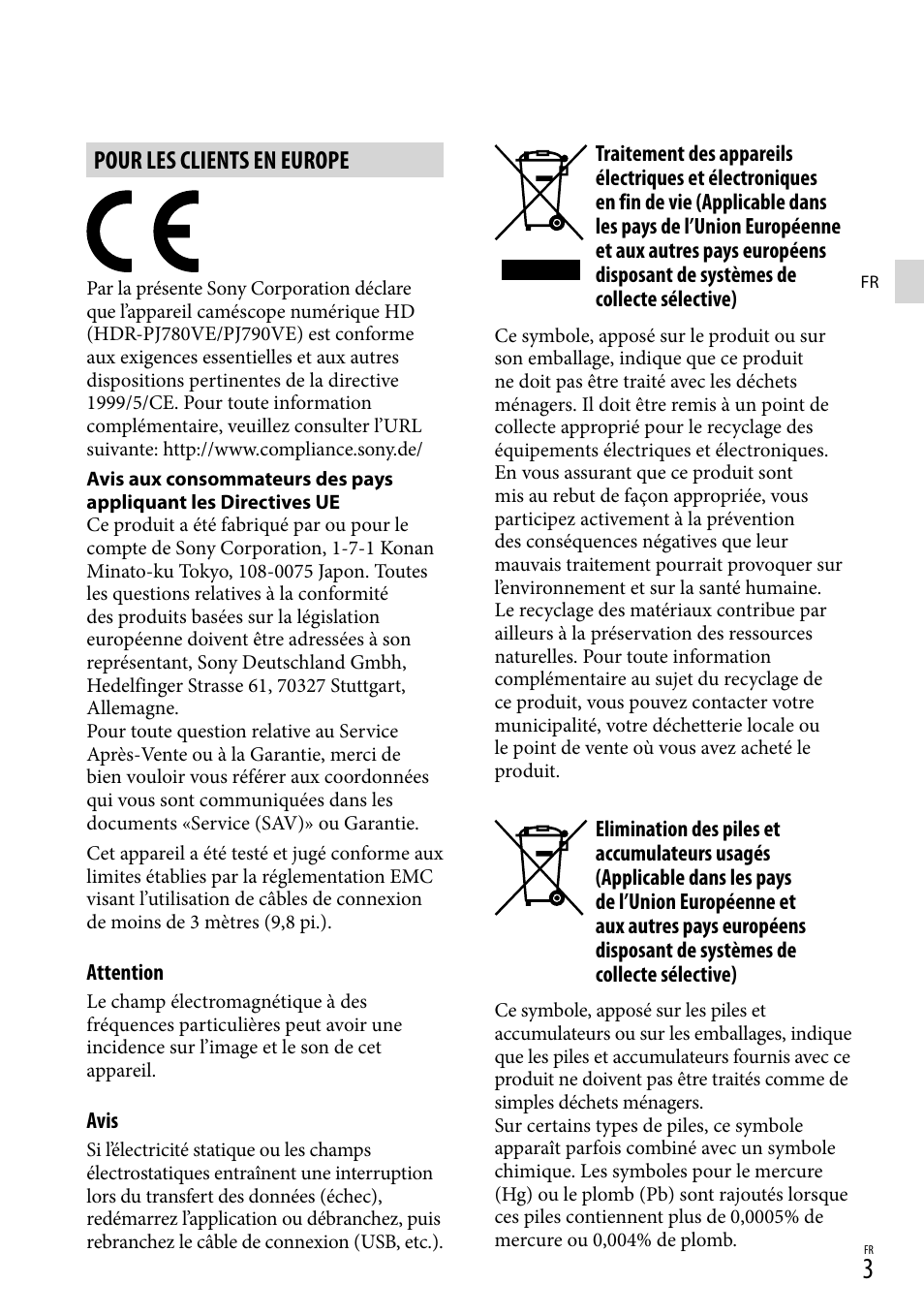 Pour les clients en europe | Sony HDR-PJ780VE User Manual | Page 3 / 371
