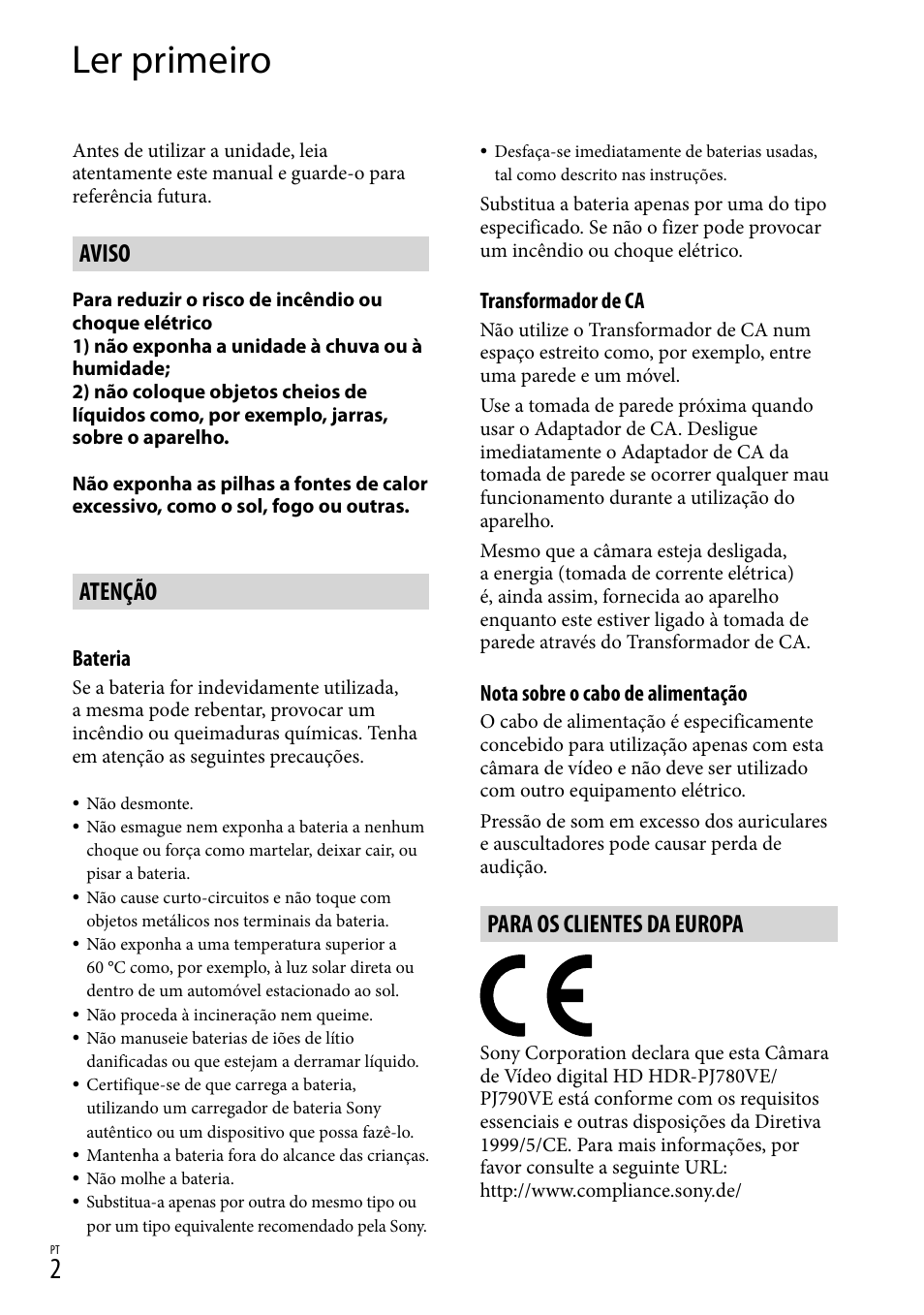 Ler primeiro, Aviso, Atenção | Para os clientes da europa | Sony HDR-PJ780VE User Manual | Page 300 / 371