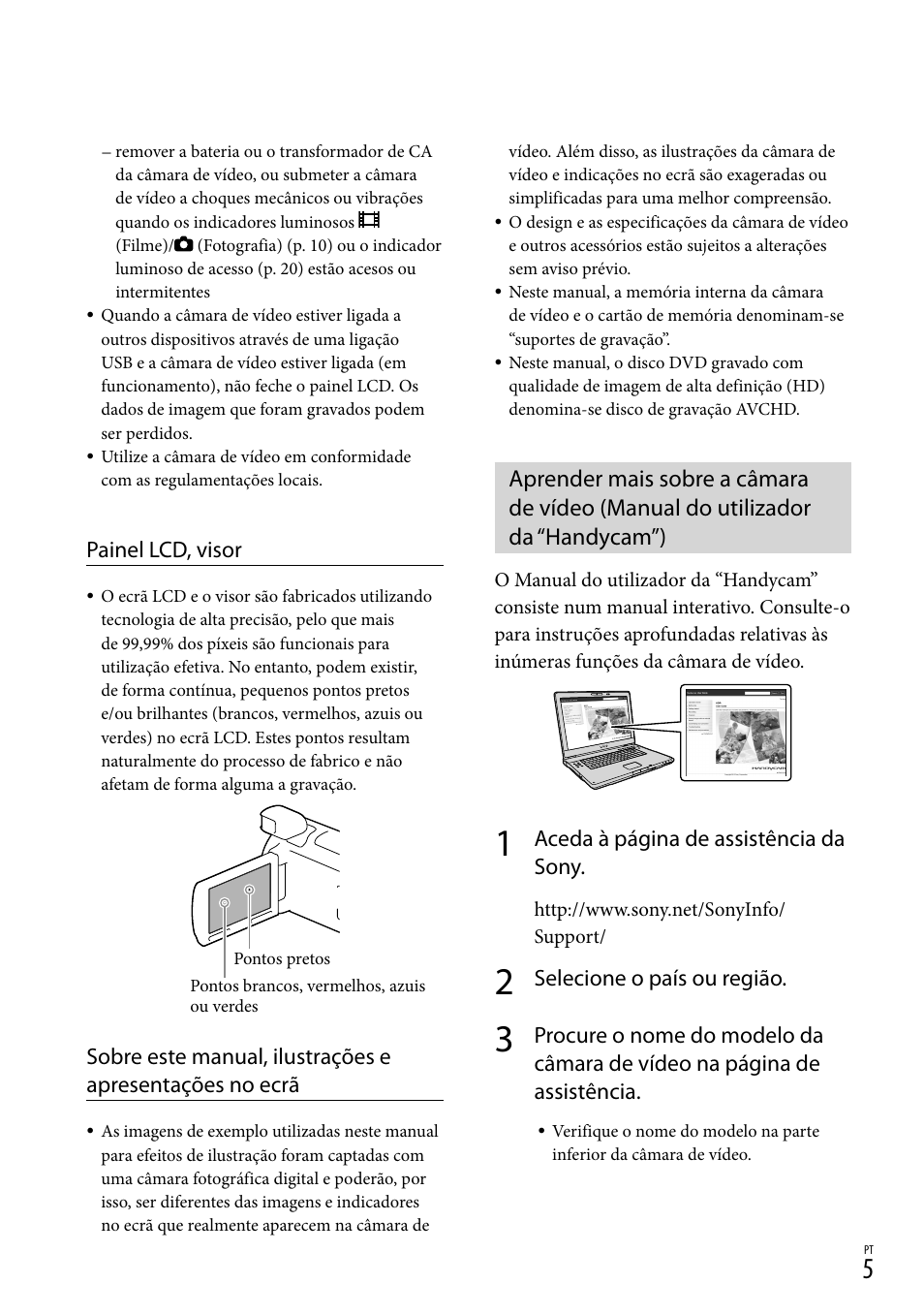 Painel lcd, visor, Aceda à página de assistência da sony, Selecione o país ou região | Sony HDR-PJ780VE User Manual | Page 303 / 371