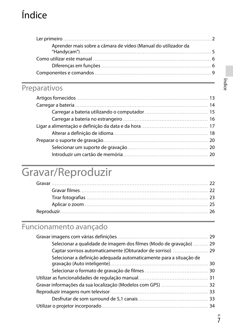 Índice, Gravar/reproduzir, Preparativos | Funcionamento avançado | Sony HDR-PJ780VE User Manual | Page 305 / 371