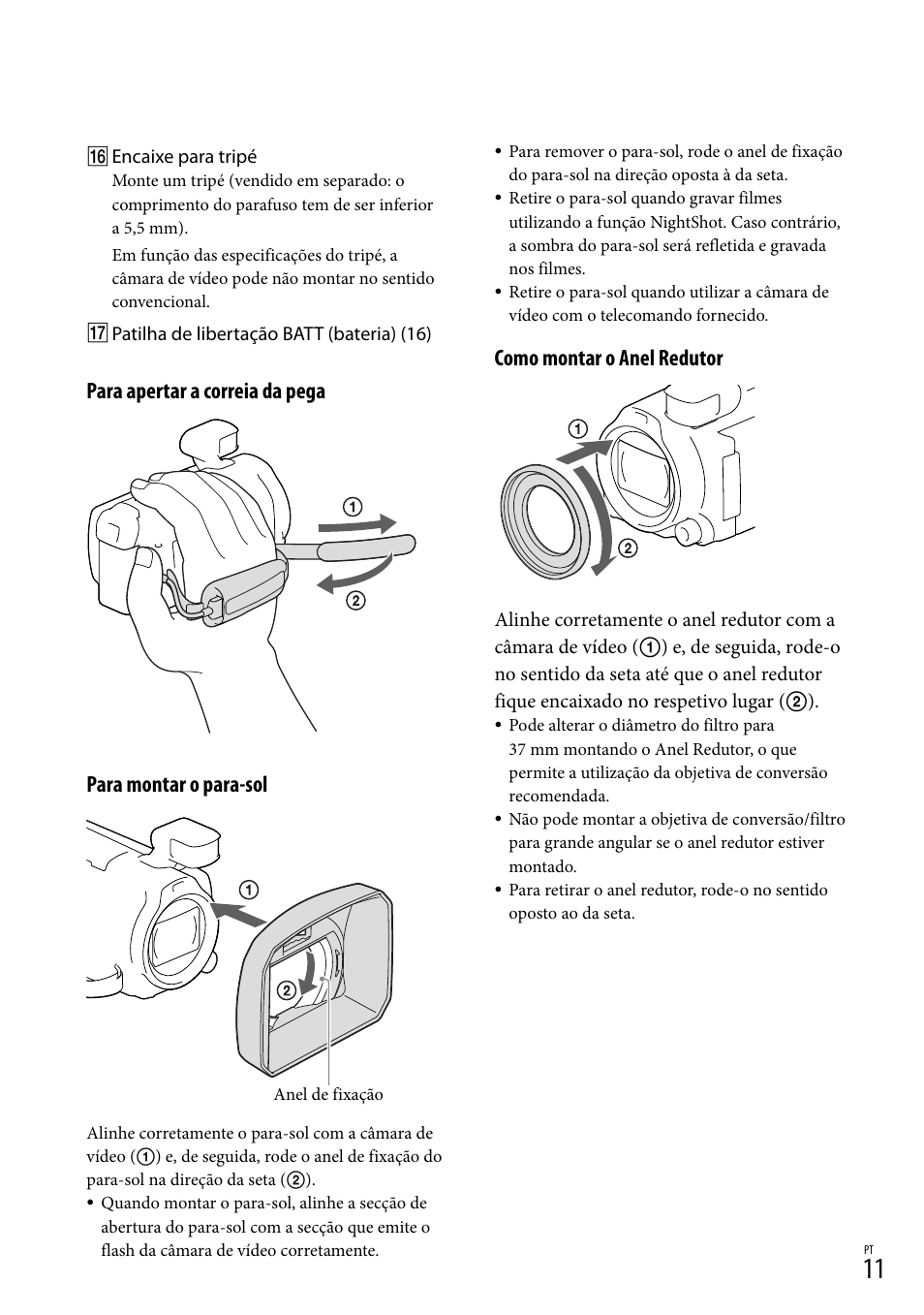 Como montar o anel redutor | Sony HDR-PJ780VE User Manual | Page 309 / 371