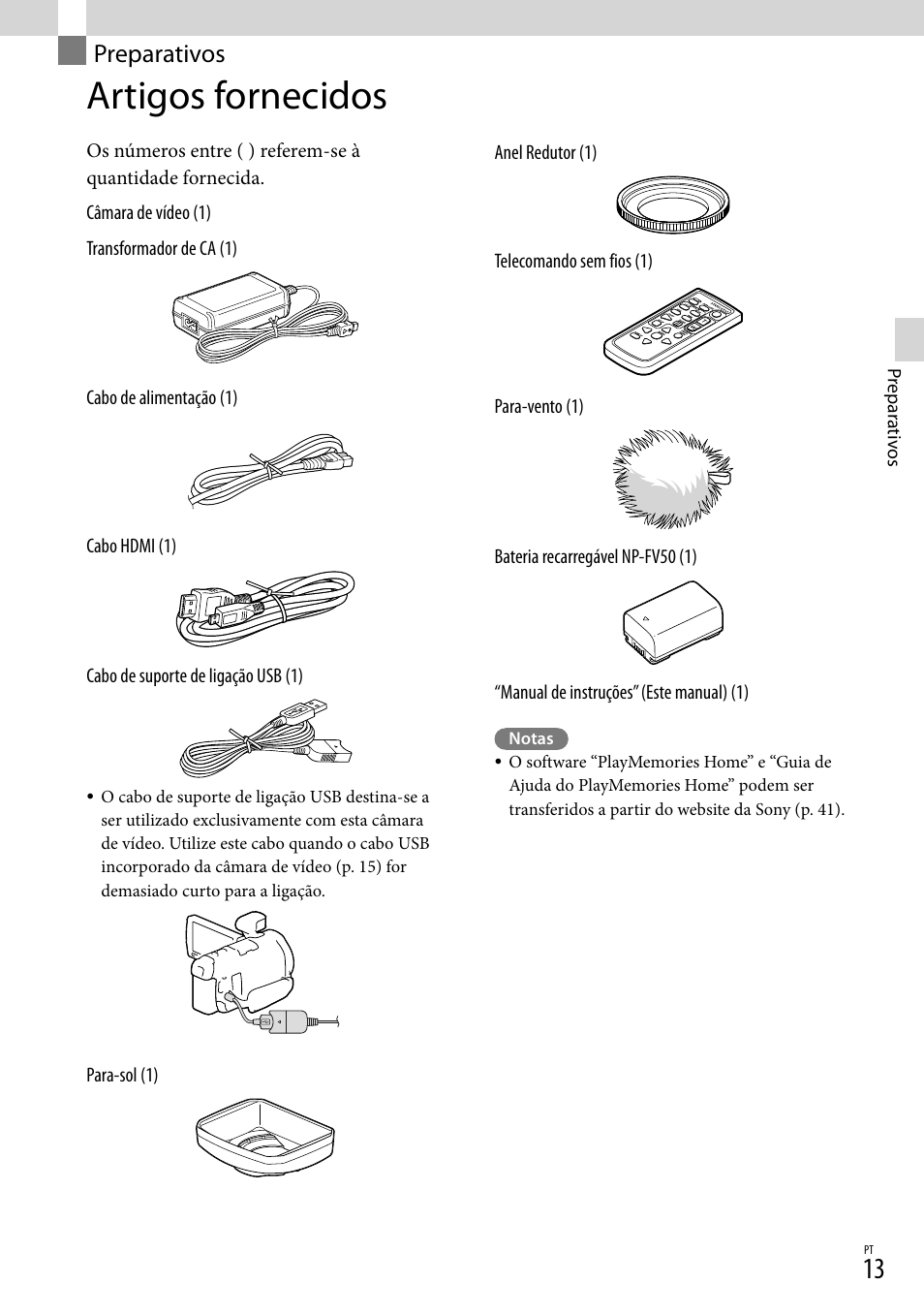 Preparativos, Artigos fornecidos | Sony HDR-PJ780VE User Manual | Page 311 / 371