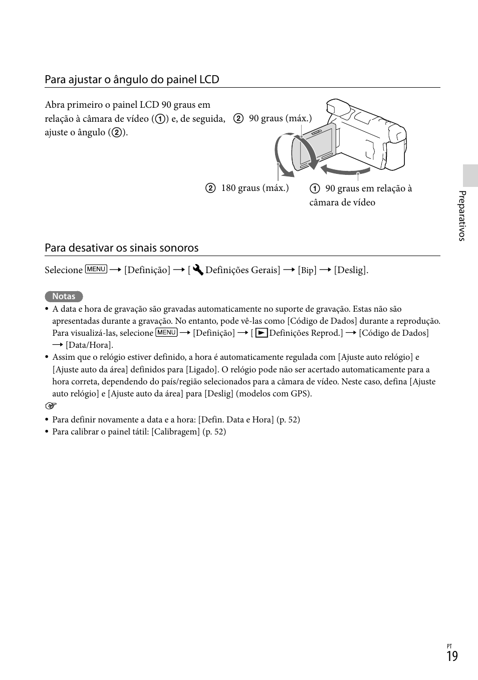 Para ajustar o ângulo do painel lcd, Para desativar os sinais sonoros | Sony HDR-PJ780VE User Manual | Page 317 / 371