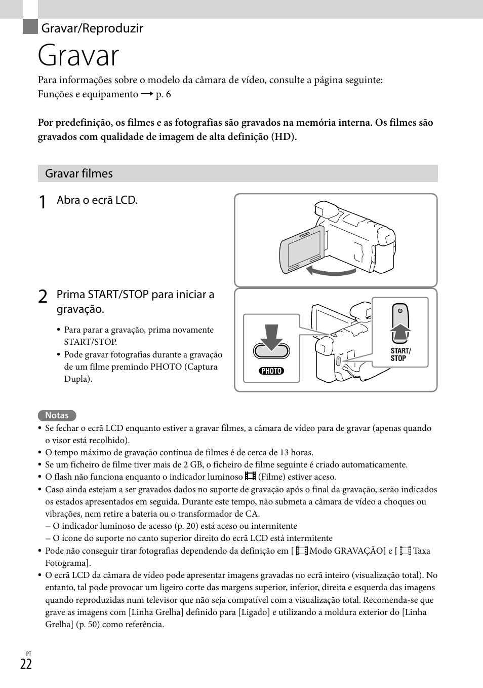 Gravar/reproduzir, Gravar, Gravar filmes | Op (22) | Sony HDR-PJ780VE User Manual | Page 320 / 371