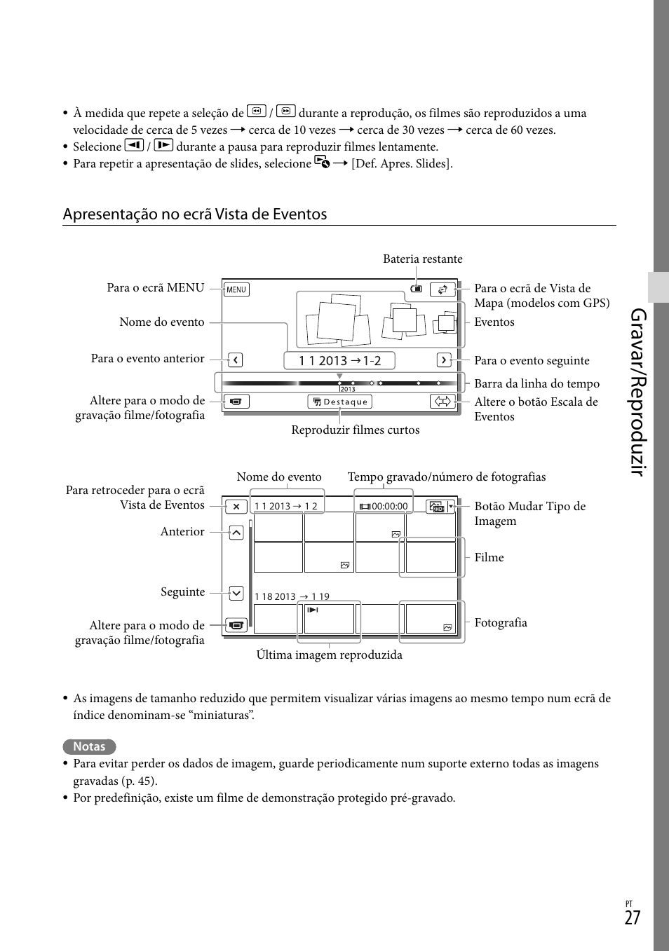 Ow (27), Gr av ar/r epr oduzir, Apresentação no ecrã vista de eventos | Sony HDR-PJ780VE User Manual | Page 325 / 371