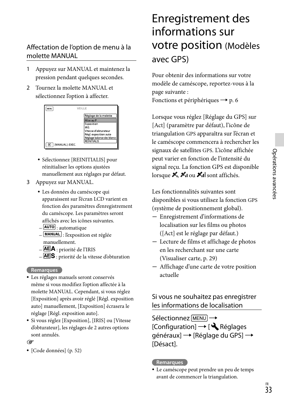 Enregistrement des informations sur votre position, Modèles avec gps) | Sony HDR-PJ780VE User Manual | Page 33 / 371