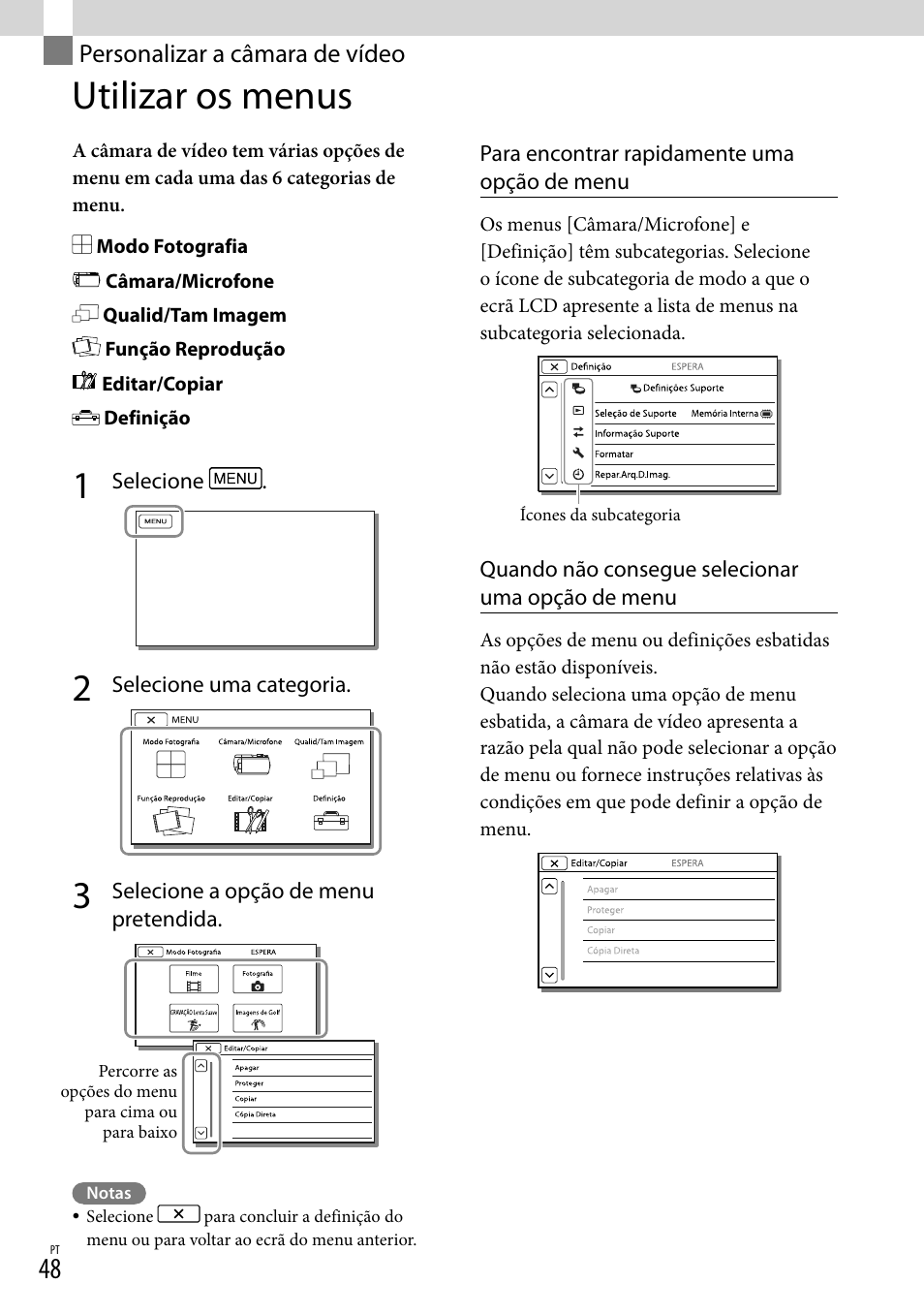 Personalizar a câmara de vídeo, Utilizar os menus, Ão menu (48) | Sony HDR-PJ780VE User Manual | Page 346 / 371