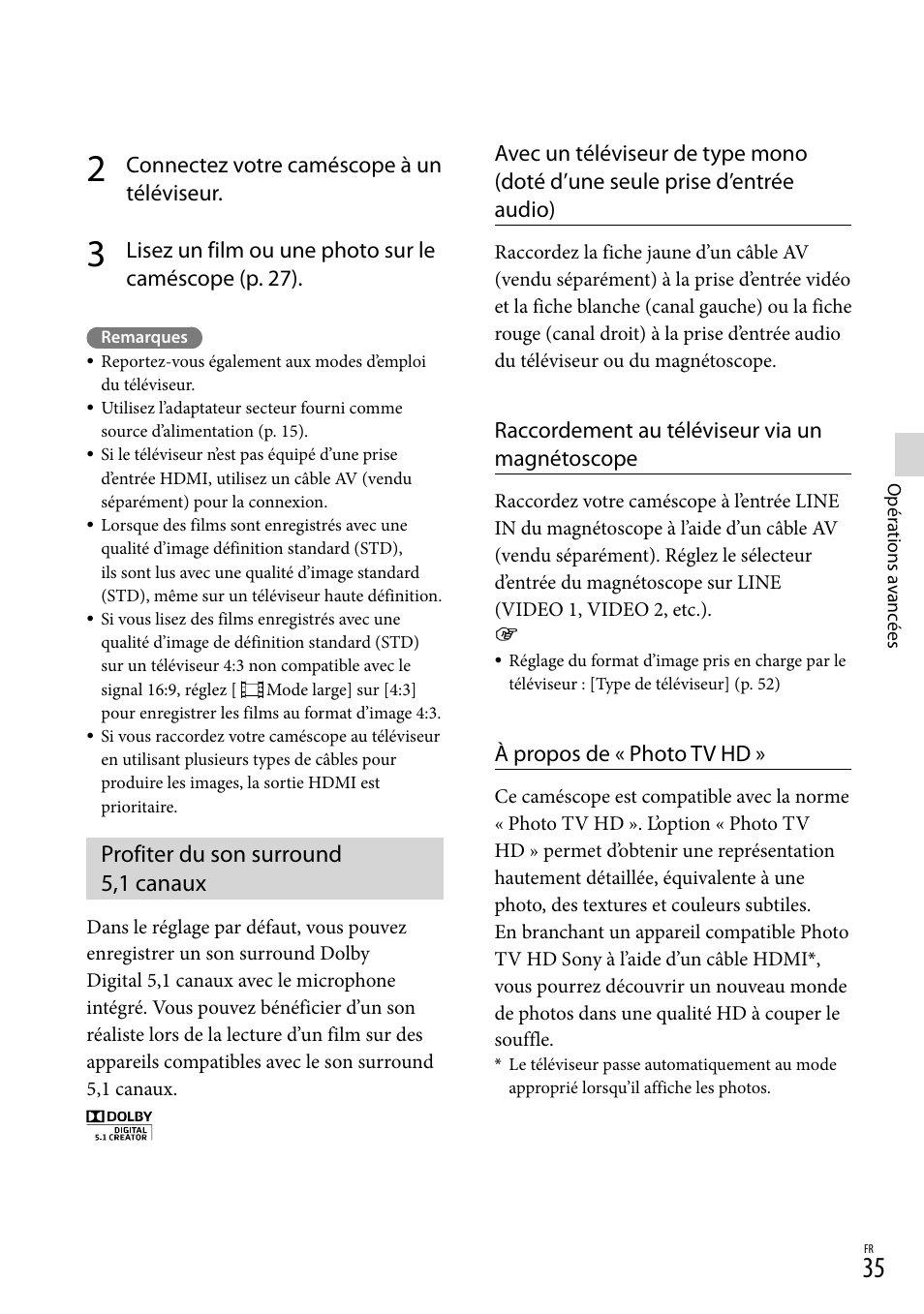 Profiter du son surround 5,1 canaux | Sony HDR-PJ780VE User Manual | Page 35 / 371