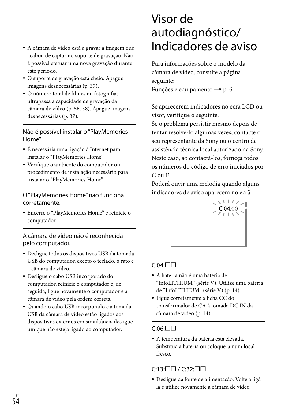 Visor de autodiagnóstico/indicadores de aviso, Visor de autodiagnóstico/ indicadores de aviso | Sony HDR-PJ780VE User Manual | Page 352 / 371