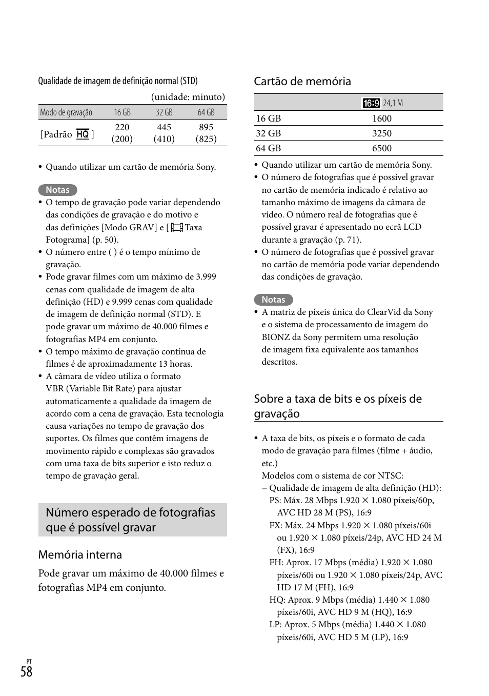 Memória interna, Cartão de memória, Sobre a taxa de bits e os píxeis de gravação | Sony HDR-PJ780VE User Manual | Page 356 / 371