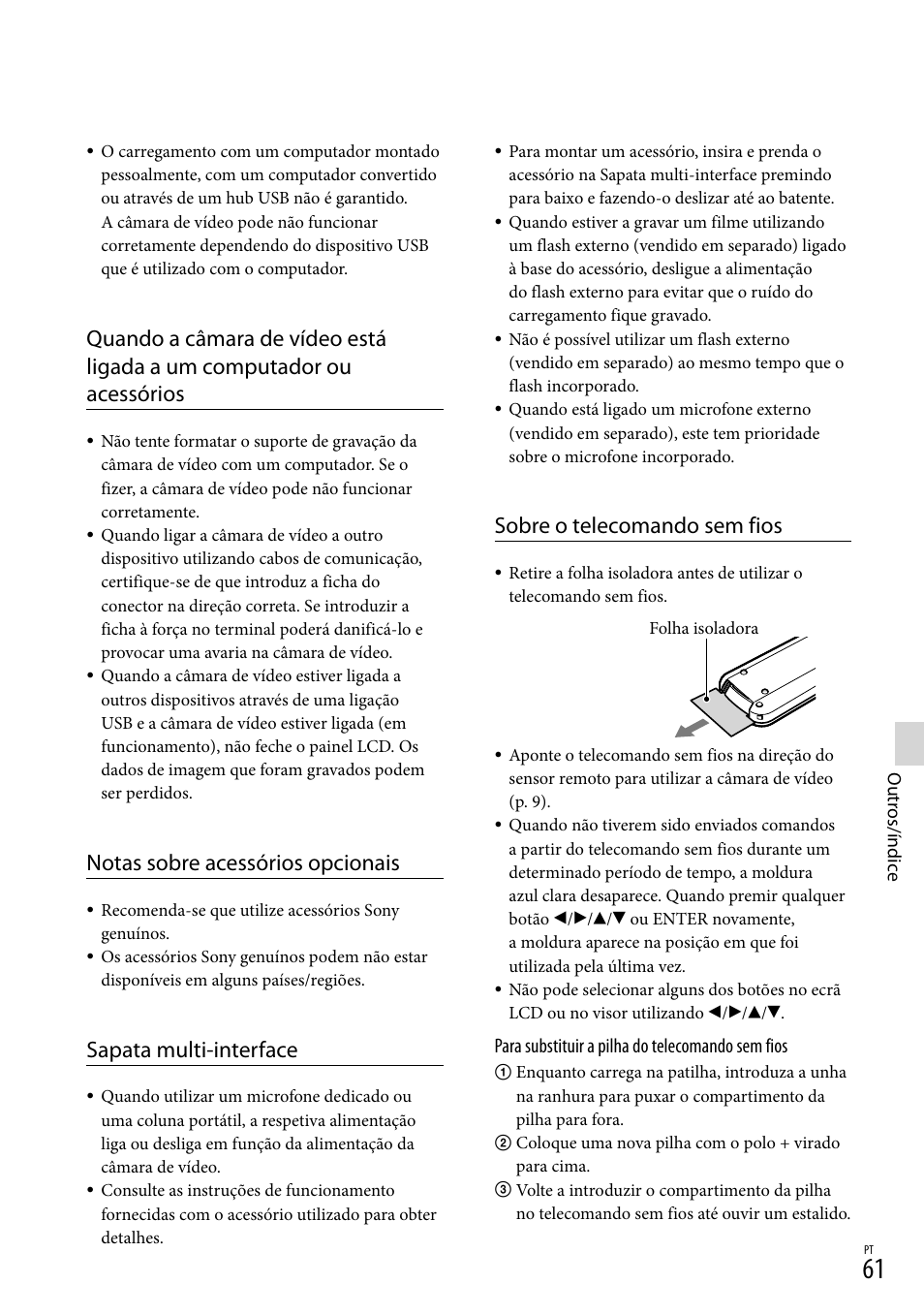 Notas sobre acessórios opcionais, Sapata multi-interface, Sobre o telecomando sem fios | Para substituir a pilha do telecomando sem fios | Sony HDR-PJ780VE User Manual | Page 359 / 371