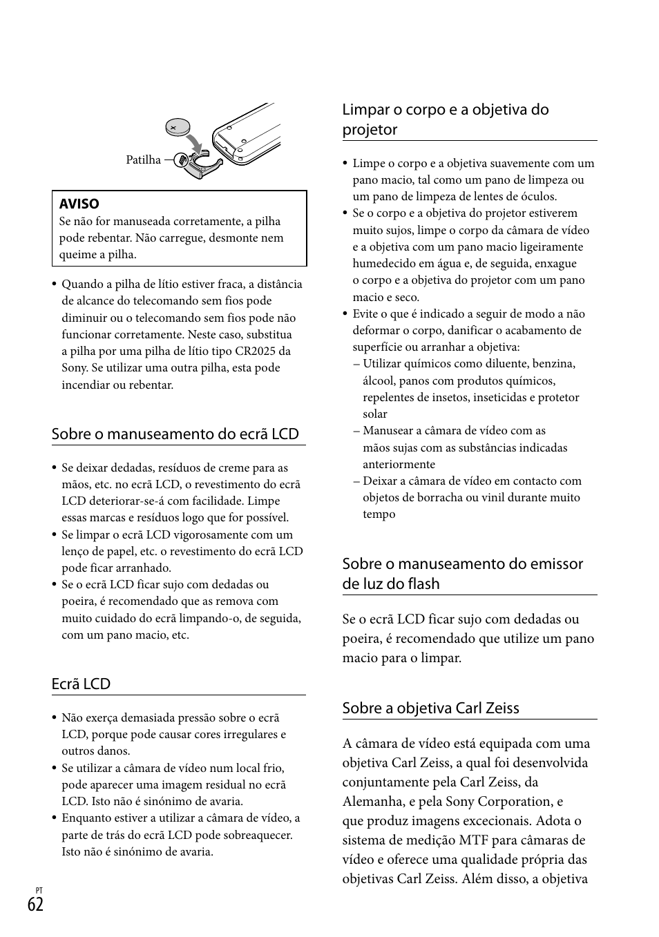 Sobre o manuseamento do ecrã lcd, Ecrã lcd, Limpar o corpo e a objetiva do projetor | Sobre o manuseamento do emissor de luz do flash, Sobre a objetiva carl zeiss | Sony HDR-PJ780VE User Manual | Page 360 / 371