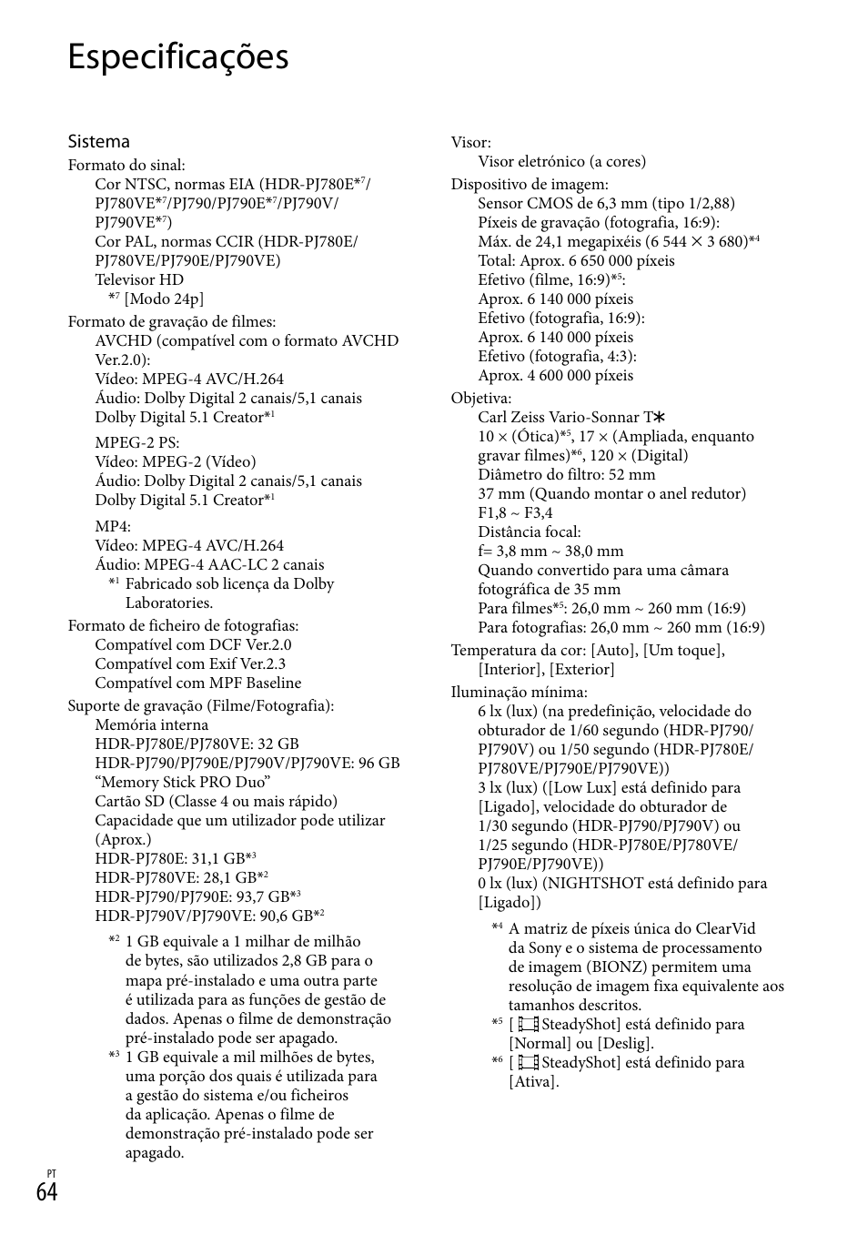 Especificações, Sistema | Sony HDR-PJ780VE User Manual | Page 362 / 371