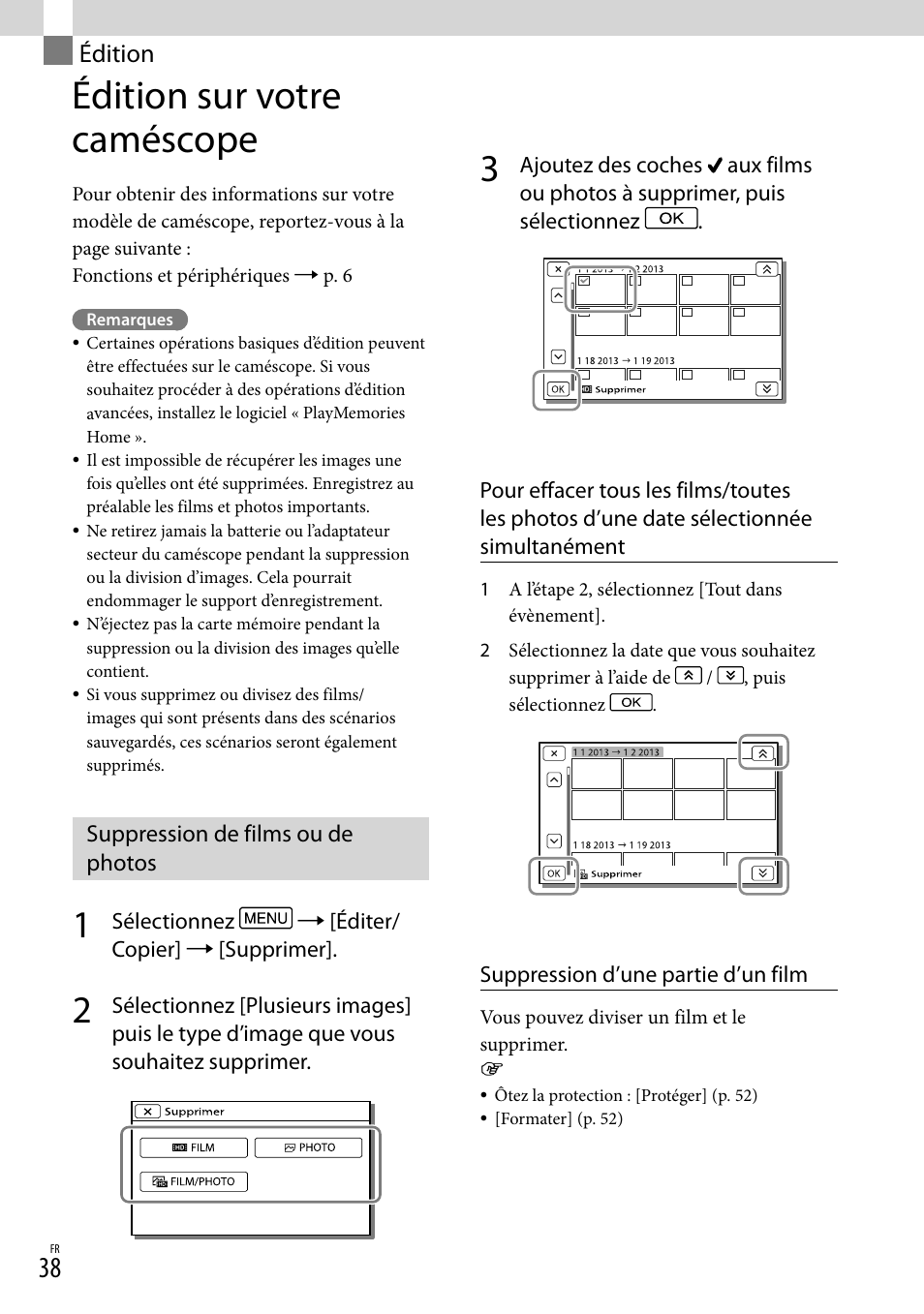 Édition, Édition sur votre caméscope, Suppression de films ou de photos | Sony HDR-PJ780VE User Manual | Page 38 / 371